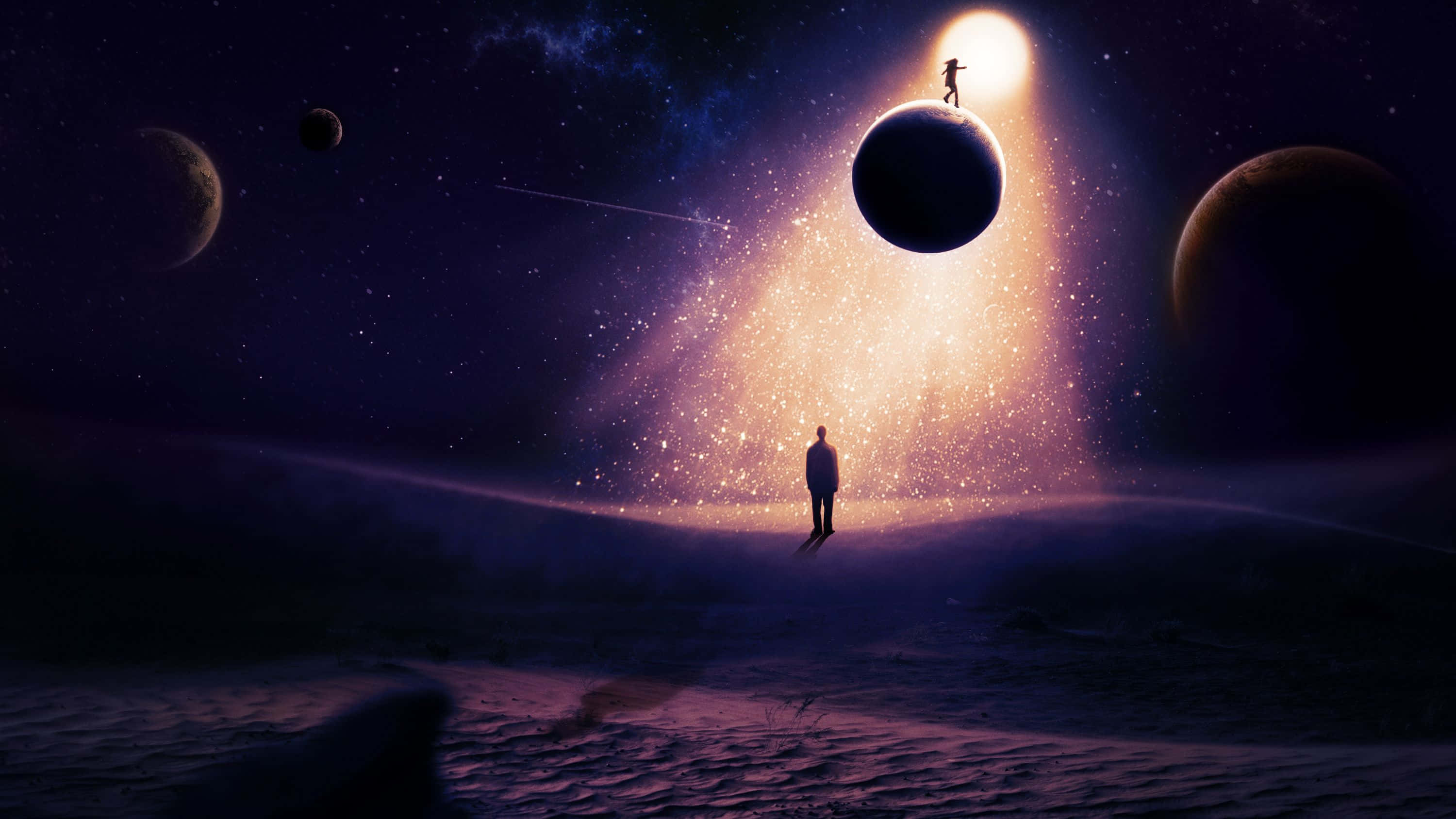 dreams 桌布 壁紙 — 一個孤獨的身影站在宇宙平原上，凝視著一顆發光的行星，另一個人正在其表面行走，背景是繁星點點的夜空。