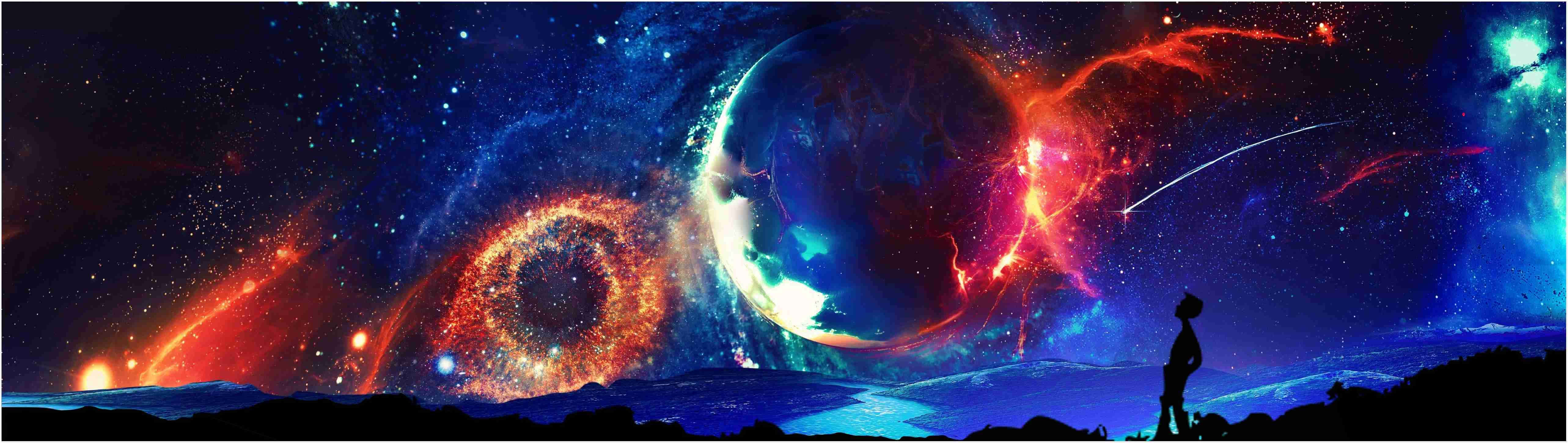 Best Monitor 桌布 壁紙 — 一個孤獨的身影站在宇宙景觀中，凝視著星夜天空中充滿活力的星雲和發光的行星。