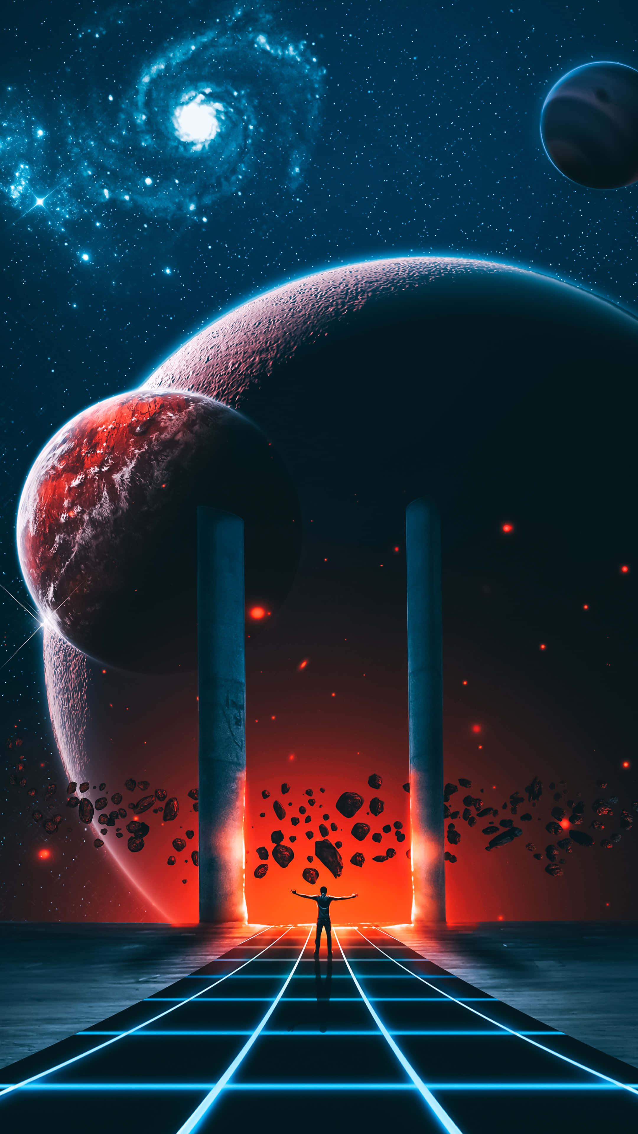 Galaxy Poster 桌布 壁紙 — 一個孤獨的身影站在宇宙柱之間發光的網格小徑上，面向一個帶有行星和螺旋星系在上方的熾熱虛空。
