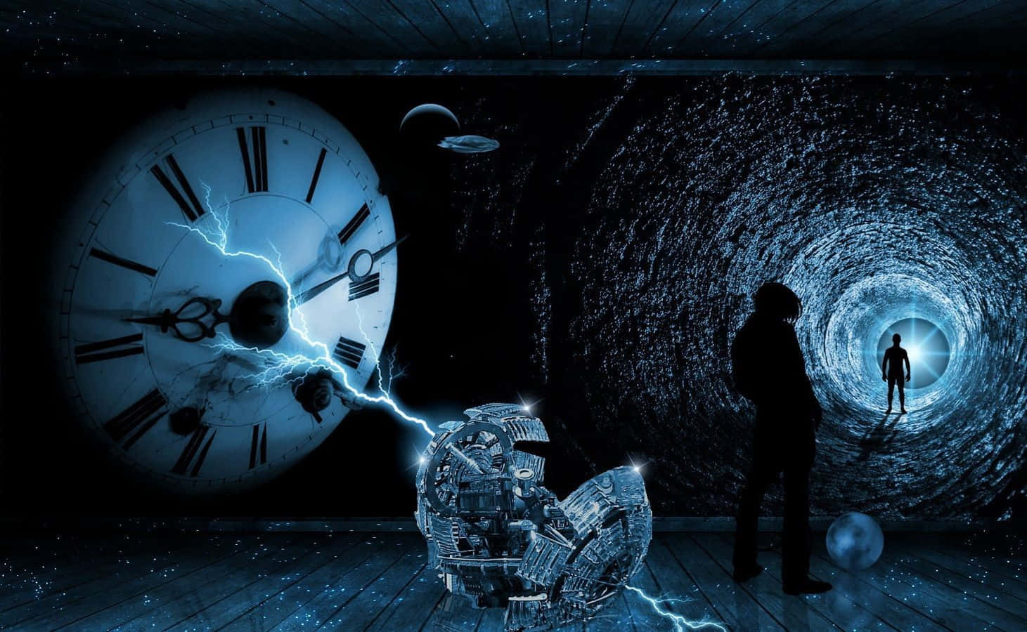 Time 桌布 壁紙 — 一個孤獨的身影站在宇宙隧道中，閃電劃過一個巨大的時鐘和一個破碎的機器人，腳下是星光點點的木地板。