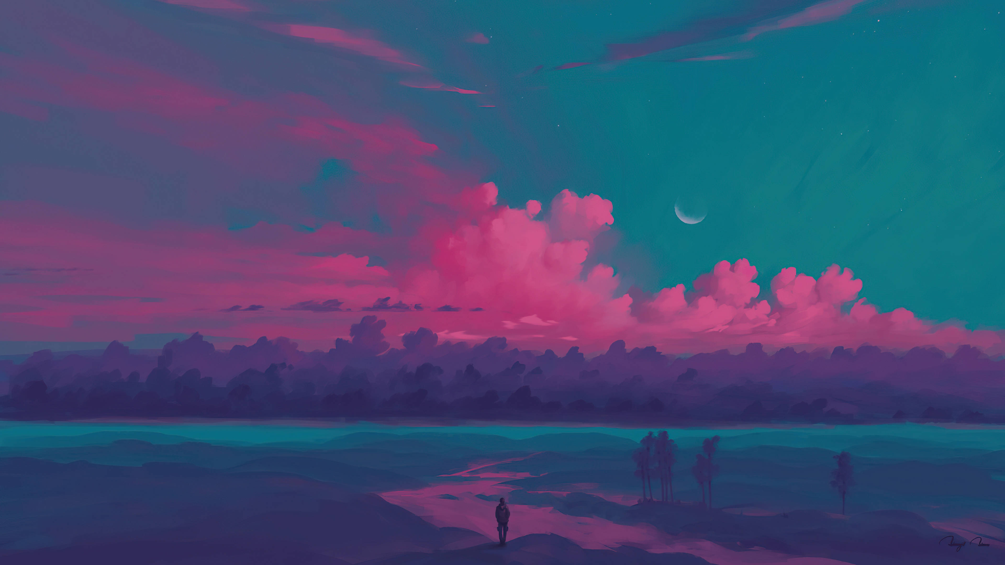 Sunset Aesthetic 桌布 壁紙 — 一個孤獨的身影站在小徑上，上方是超現實的暮色天空，以鮮豔的洋紅色和青色繪成，並有一彎新月。