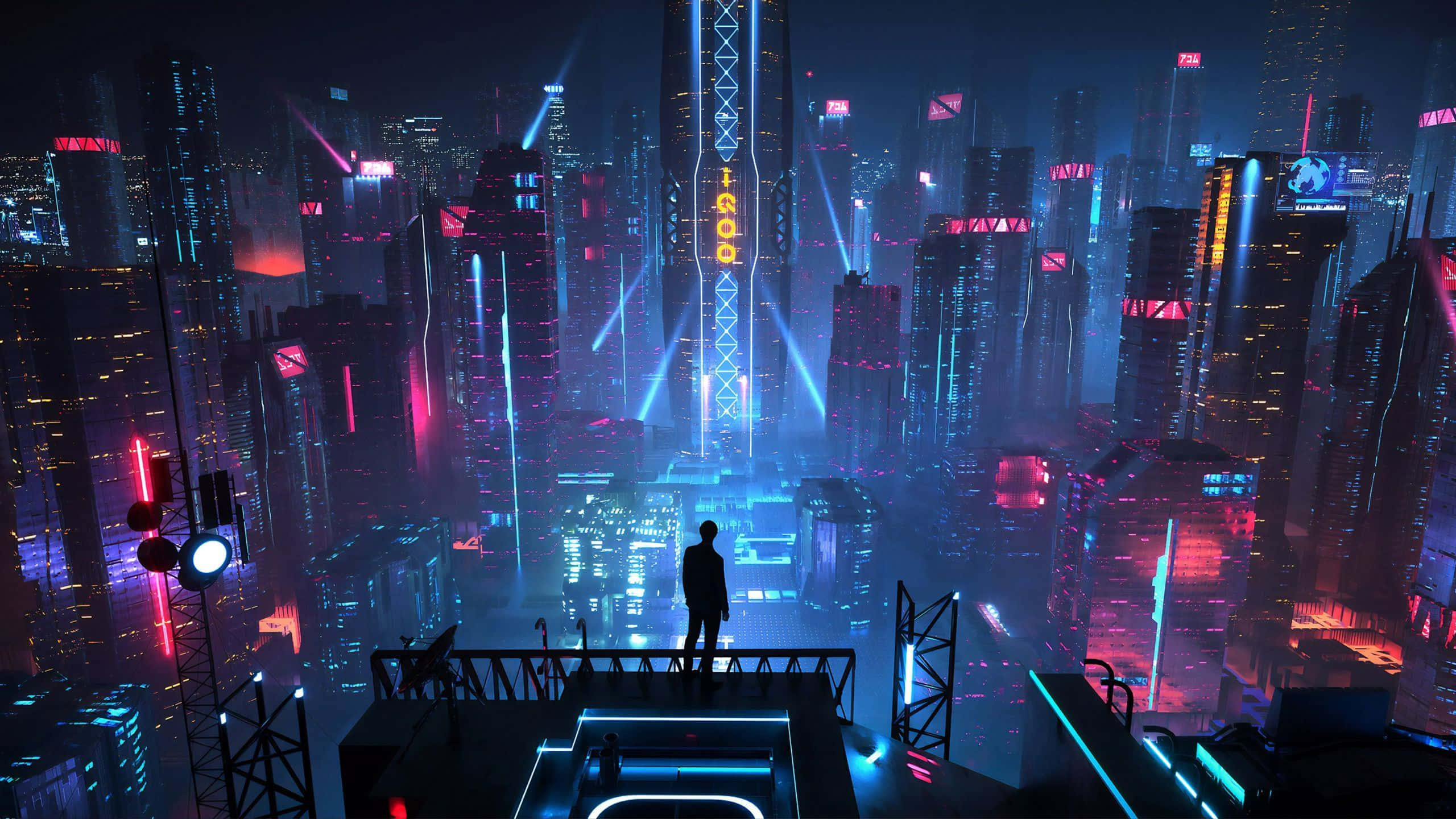 Cyberpunk Aesthetic 桌布 壁紙 — 一個孤獨的身影站在屋頂上，俯瞰著夜晚霓虹燈閃爍的賽博龐克城市景觀，高聳的摩天大樓散發著電光藍和粉紅色的光芒。