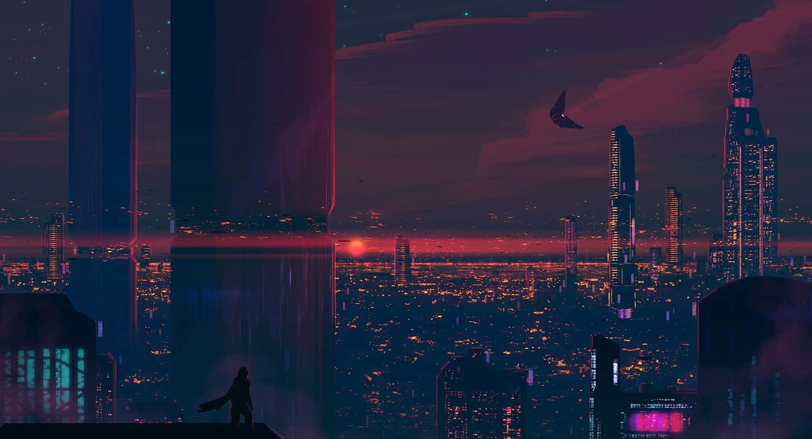 Cyberpunk Laptop 桌布 壁紙 — 一個孤獨的身影站在屋頂上，俯瞰著黃昏時分霓虹閃爍的未來城市景觀，有發光的摩天大樓和一輛飛行車輛。