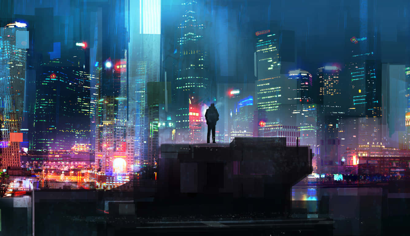 Cyberpunk Laptop 桌布 壁紙 — 一個孤獨的身影站在屋頂上，俯瞰著雨夜中霓虹閃爍的未來城市景觀。
