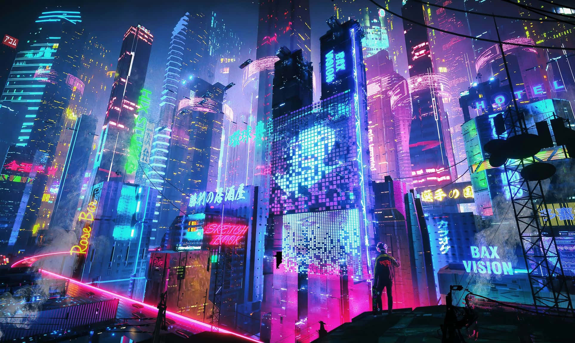 霓虹城市動態圖 桌布 壁紙 — 一個孤獨的身影站在屋頂上，俯瞰著夜晚霓虹閃爍的賽博龐克城市景觀，高聳的摩天大樓散發著電光色調。
