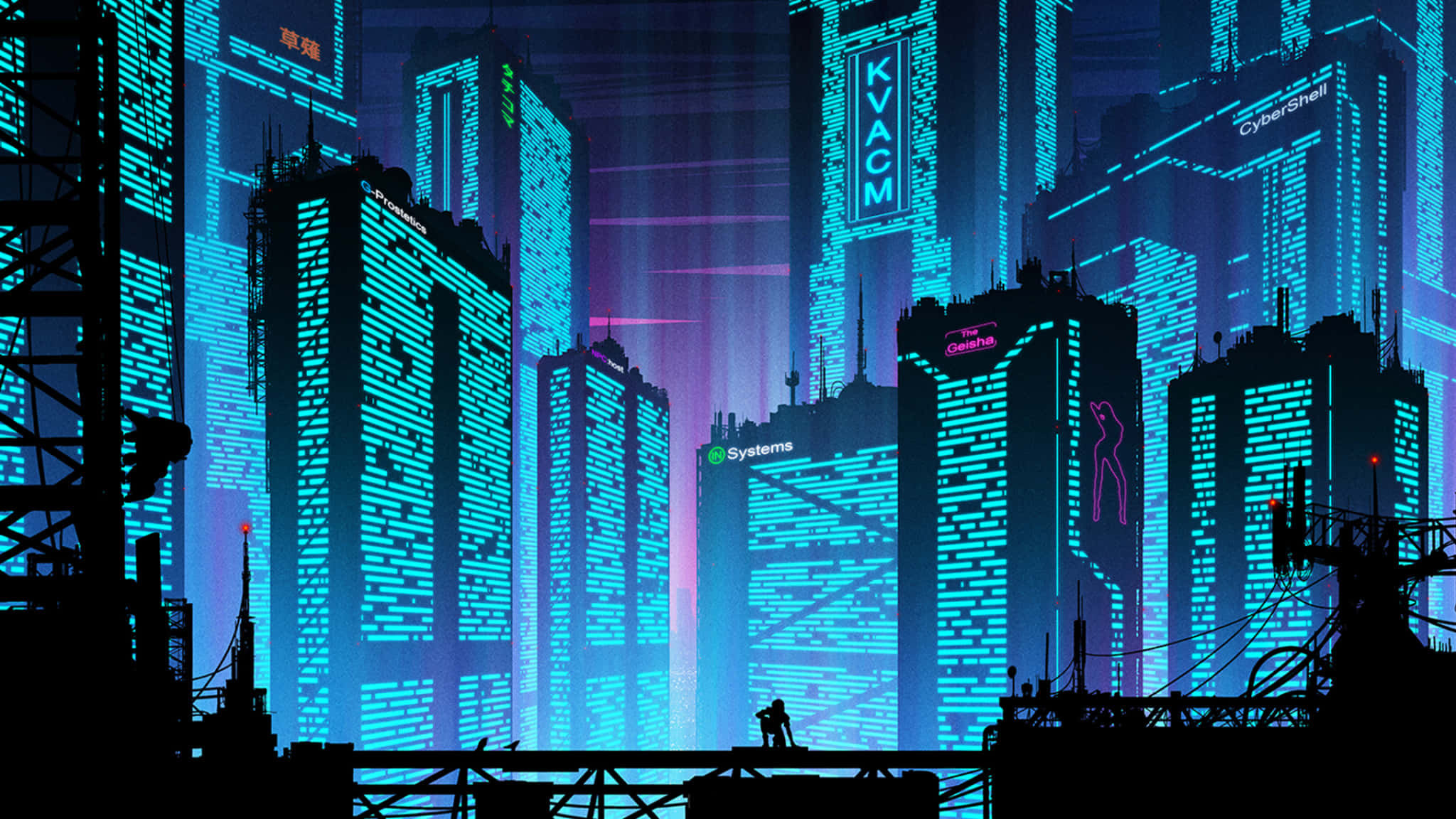 2048x1152 桌布 壁紙 — 一個孤獨的身影站在屋頂上，俯瞰著霓虹燈閃爍的賽博龐克城市景觀，高聳的摩天大樓散發著電光藍和紫色調。