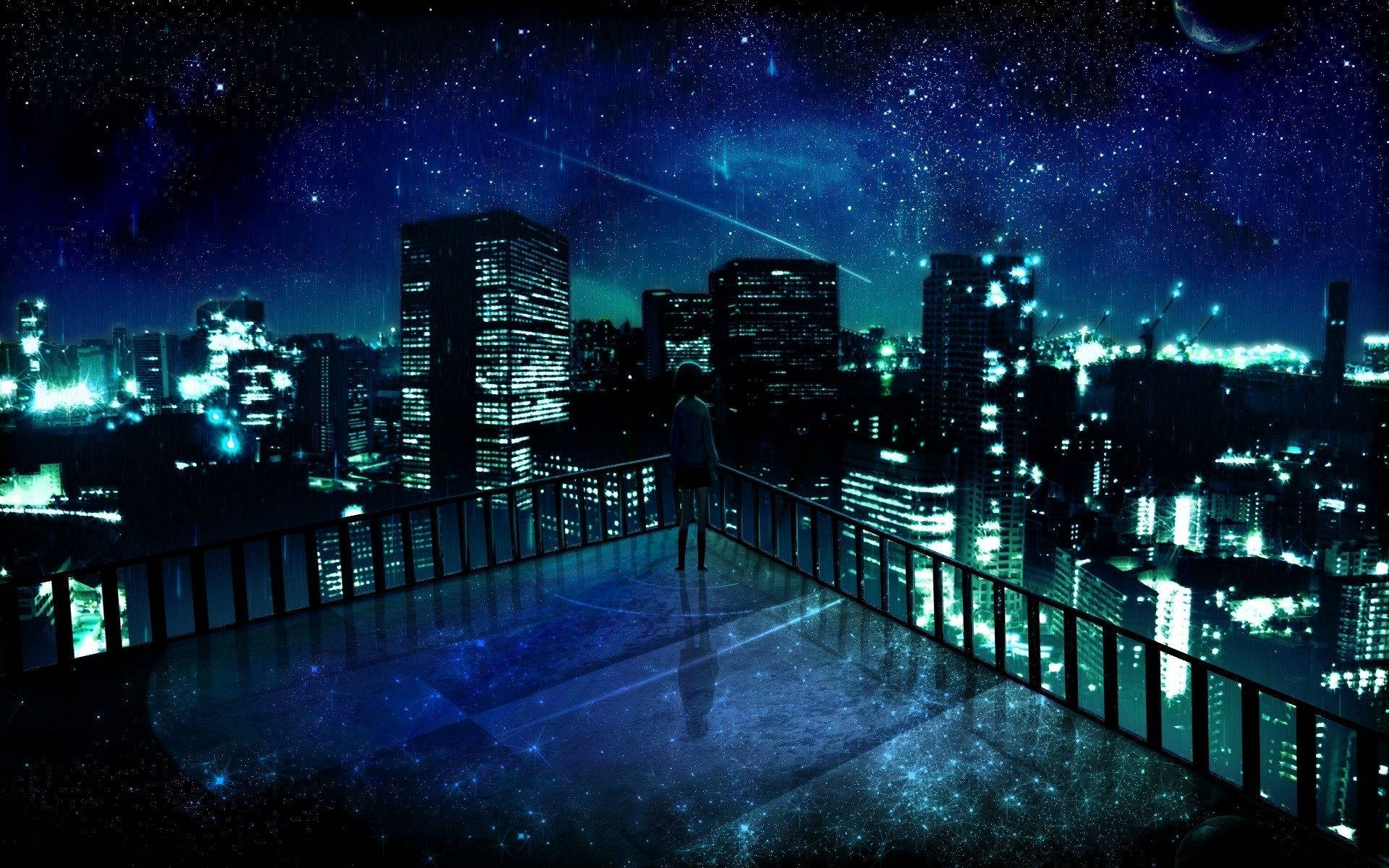桌布 壁紙 — 一個孤獨的身影站在屋頂上，俯瞰著在星空夜空下閃耀的城市景觀，並帶有宇宙元素。