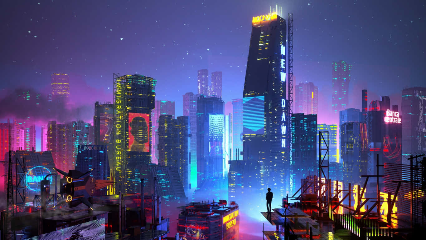 Future City 桌布 壁紙 — 一個孤獨的身影站在屋頂上，俯瞰著星光燦爛夜空下霓虹閃爍的賽博龐克城市景觀。
