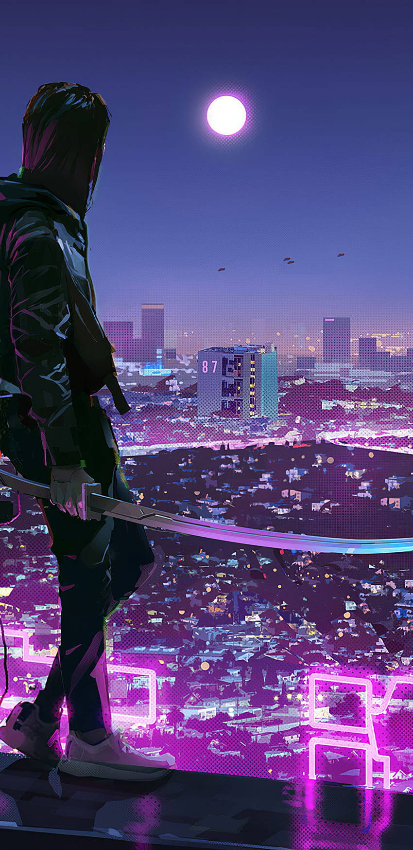 Sad Anime Phone 桌布 壁紙 — 一個孤獨的身影站在屋頂上，俯瞰著月光下霓虹閃爍的賽博龐克城市景觀。
