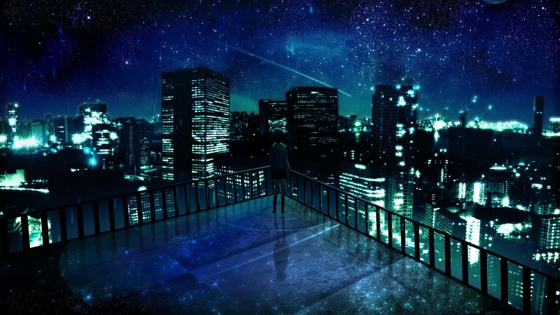 Rooftop 桌布 壁紙 — 一個孤獨的身影站在屋頂上，俯瞰著流星劃過的星空下閃耀的城市。