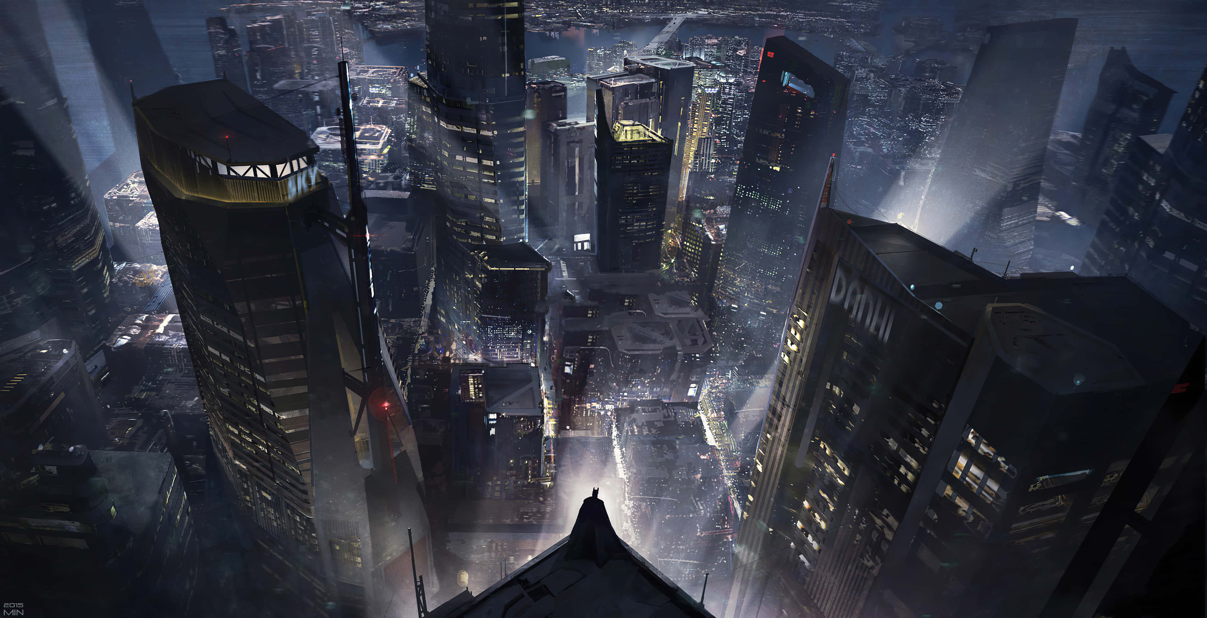 Gotham City 桌布 壁紙 — 一個孤獨的身影站在屋頂上，俯瞰著夜晚廣闊的未來城市景觀，高聳的摩天大樓和發光的窗戶。