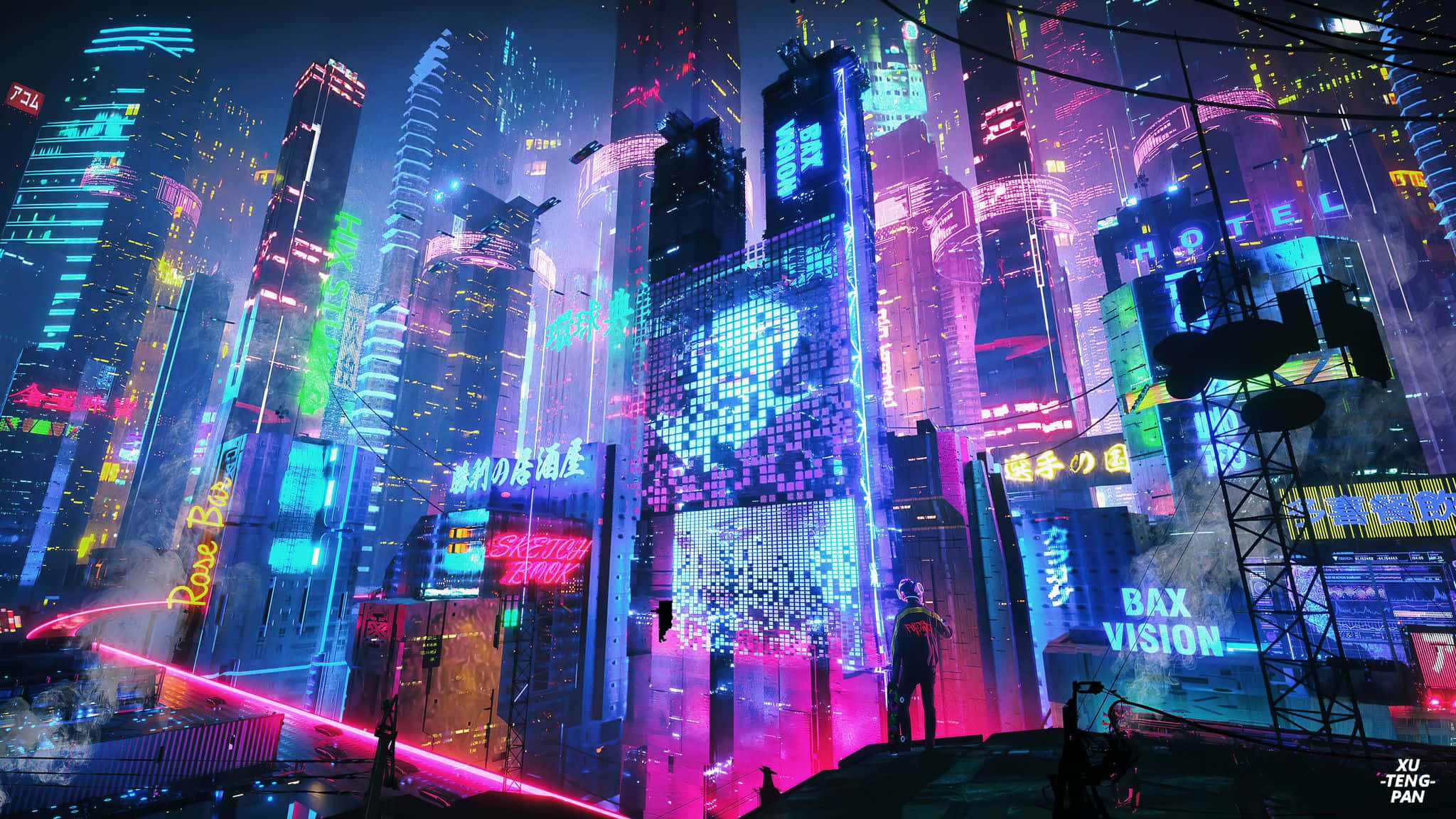 Neon City Aesthetic 桌布 壁紙 — 一個孤獨的身影站在屋頂上，俯瞰著夜晚霓虹閃爍的賽博龐克城市景觀，高聳的摩天大樓和發光的全息廣告牌。