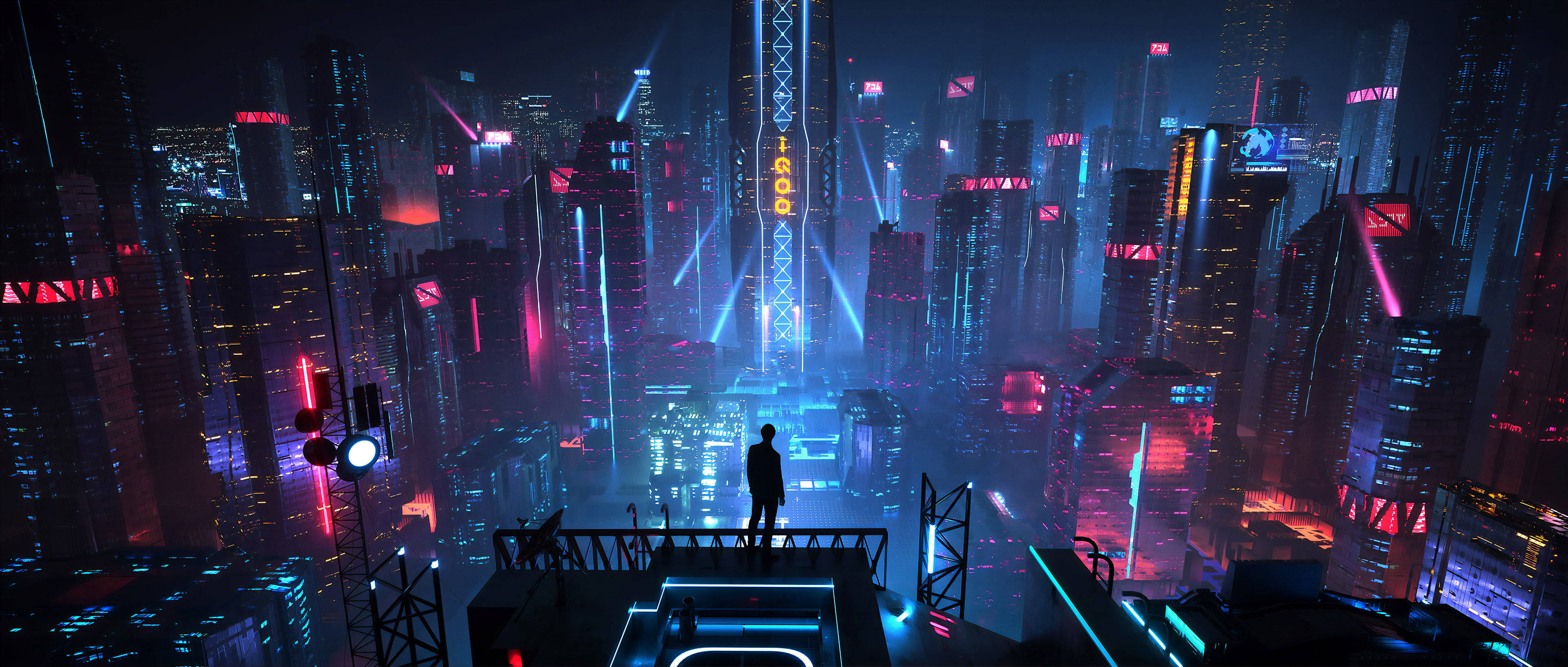 4K Pc 桌布 壁紙 — 一個孤獨的身影站在屋頂上，俯瞰著夜晚霓虹閃爍的賽博龐克城市景觀，高聳的摩天大樓散發著電光藍和粉紅色的光芒。