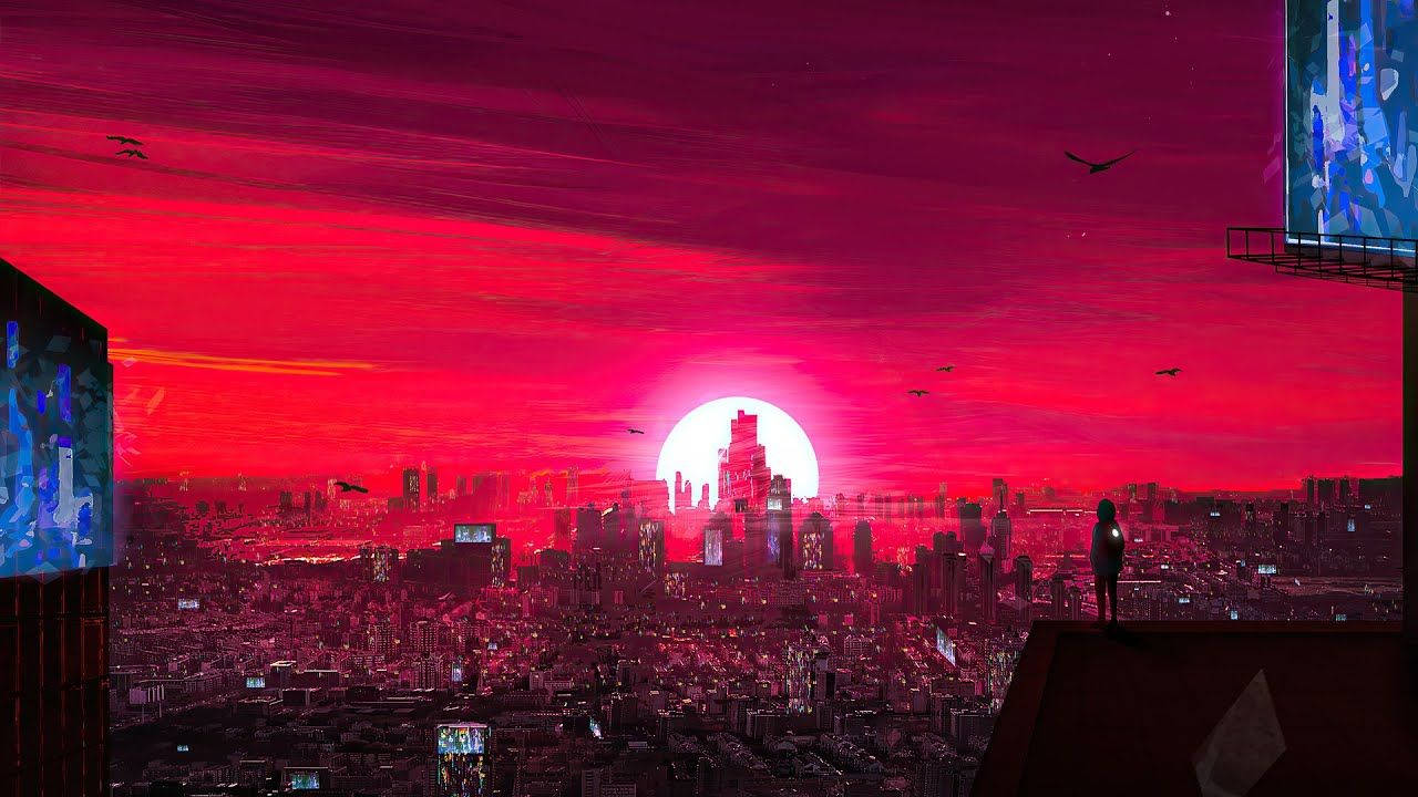 夕陽天空 桌布 壁紙 — 一個孤獨的身影站在屋頂上，俯瞰著一座被超現實的深紅色夕陽和發光的白色太陽籠罩的廣闊城市。