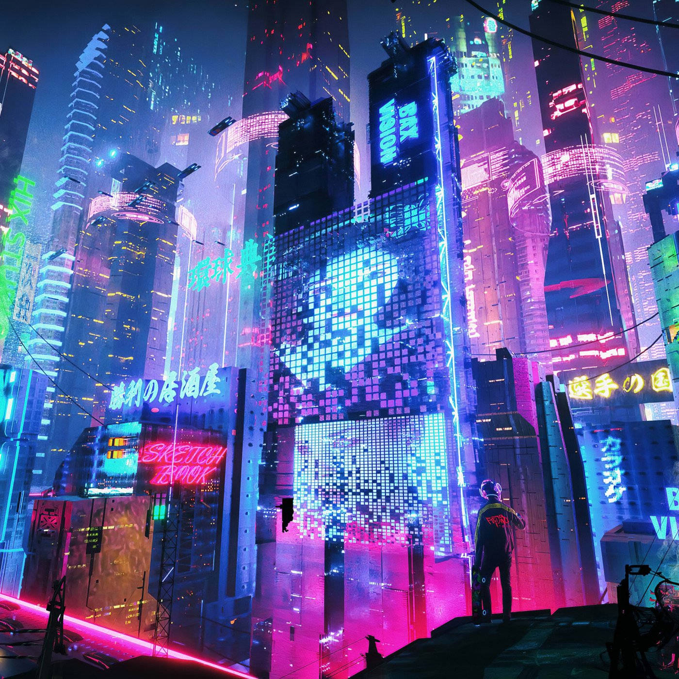 Neon Light 桌布 壁紙 — 一個孤獨的身影站在屋頂上，俯瞰著霓虹閃爍的賽博龐克城市景觀，高聳的摩天大樓和發光的數位廣告牌隨處可見。