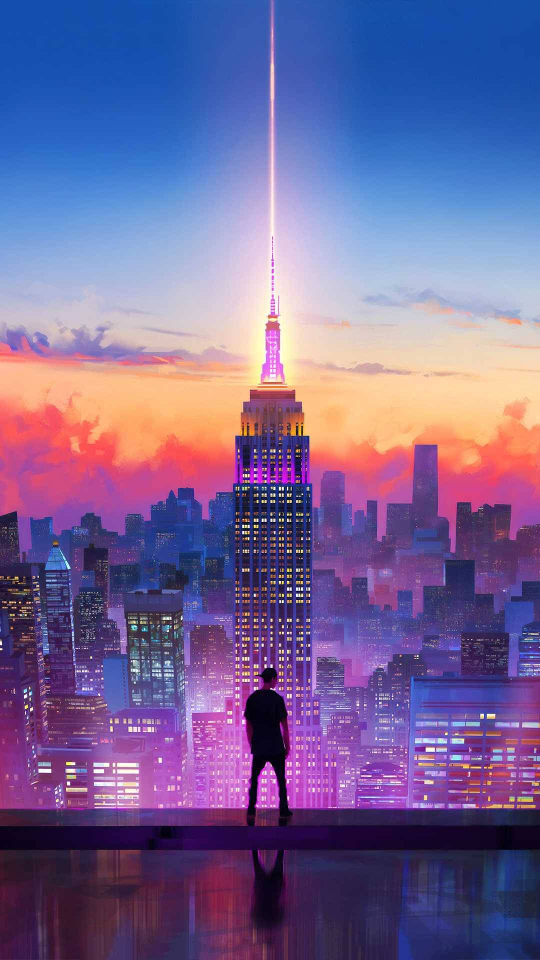 empire 桌布 壁紙 — 一個孤獨的身影站在屋頂上，俯瞰著日落時分霓虹燈閃爍的紐約天際線，帝國大廈閃閃發光。