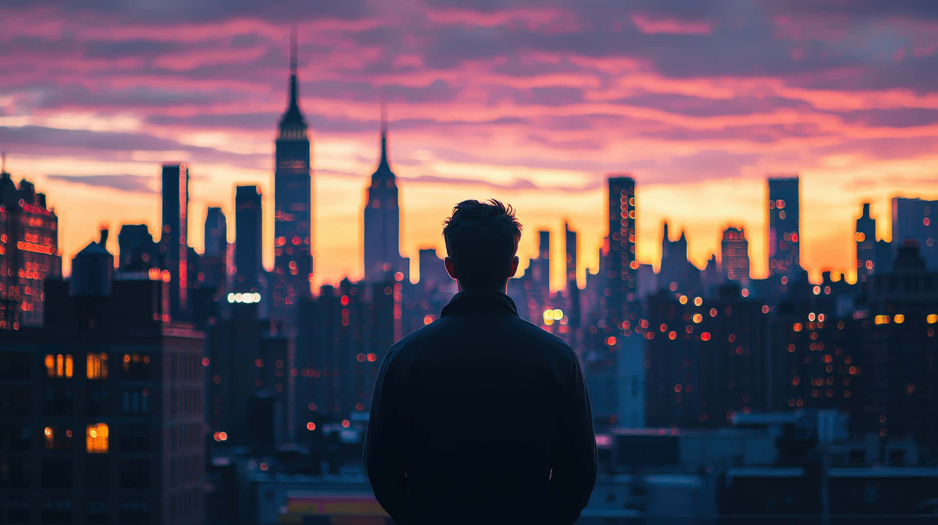 Man Standing on Rooftop Overlooking a Vibrant City Skyline at Sunset 壁紙 — 一個孤獨的身影站在屋頂上，在充滿活力的粉紅色和橙色日落背景下，剪影映襯著發光的城市天際線。