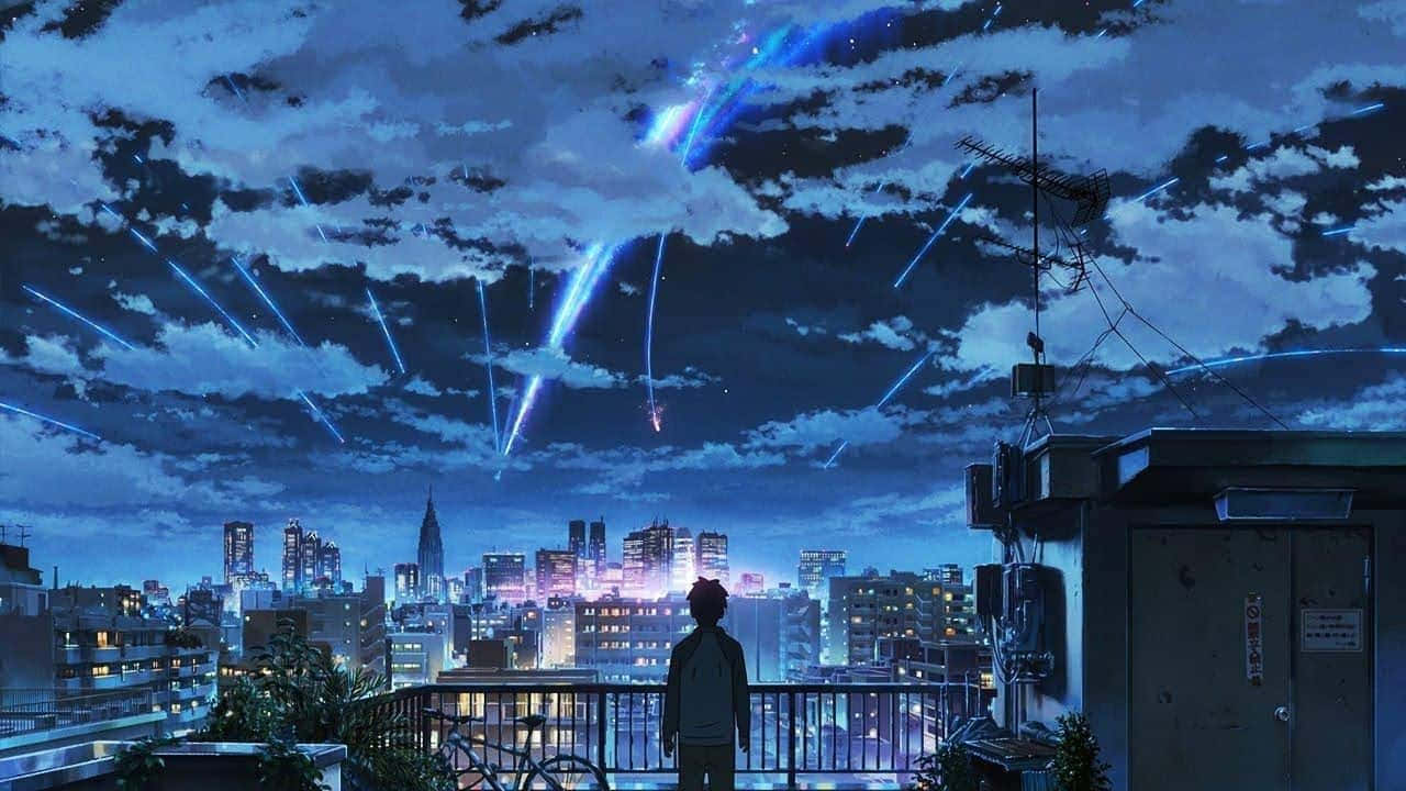 Lo Fi Aesthetic 桌布 壁紙 — 一個孤獨的身影站在屋頂陽台上，凝視著暮色天空下閃耀著藍色流星的 vibrant 城市景觀。