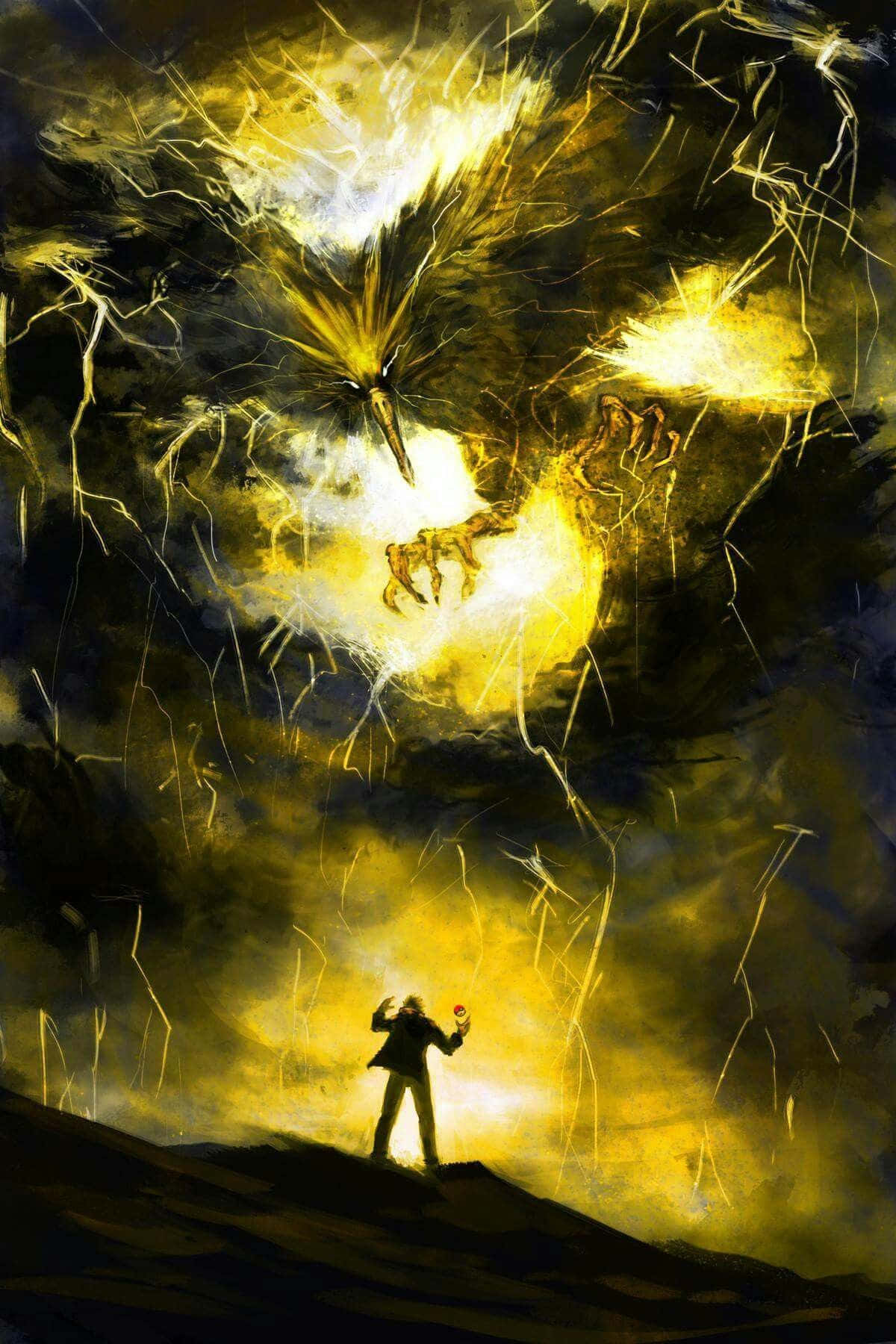 藝術 桌布 壁紙 — 一個孤獨的身影站在山丘上，下方是一條巨大的發光黃龍，在黑暗暴風雨的天空中釋放閃電。
