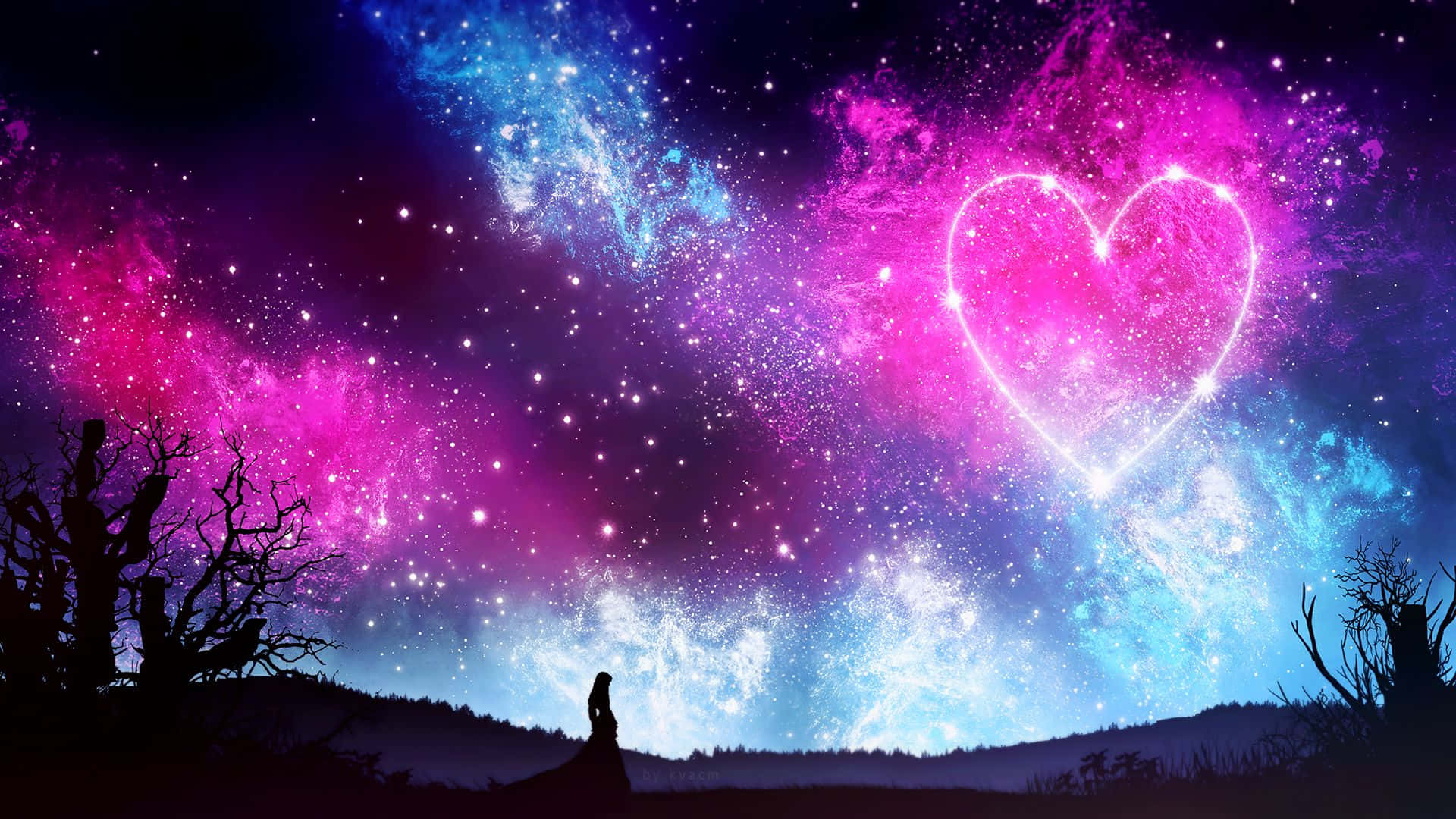 dreams 桌布 壁紙 — 一個孤獨的身影站在山丘上，下方是充滿活力的宇宙天空，閃爍著粉紅色和藍色的星雲，以及一個燦爛的心形星座。