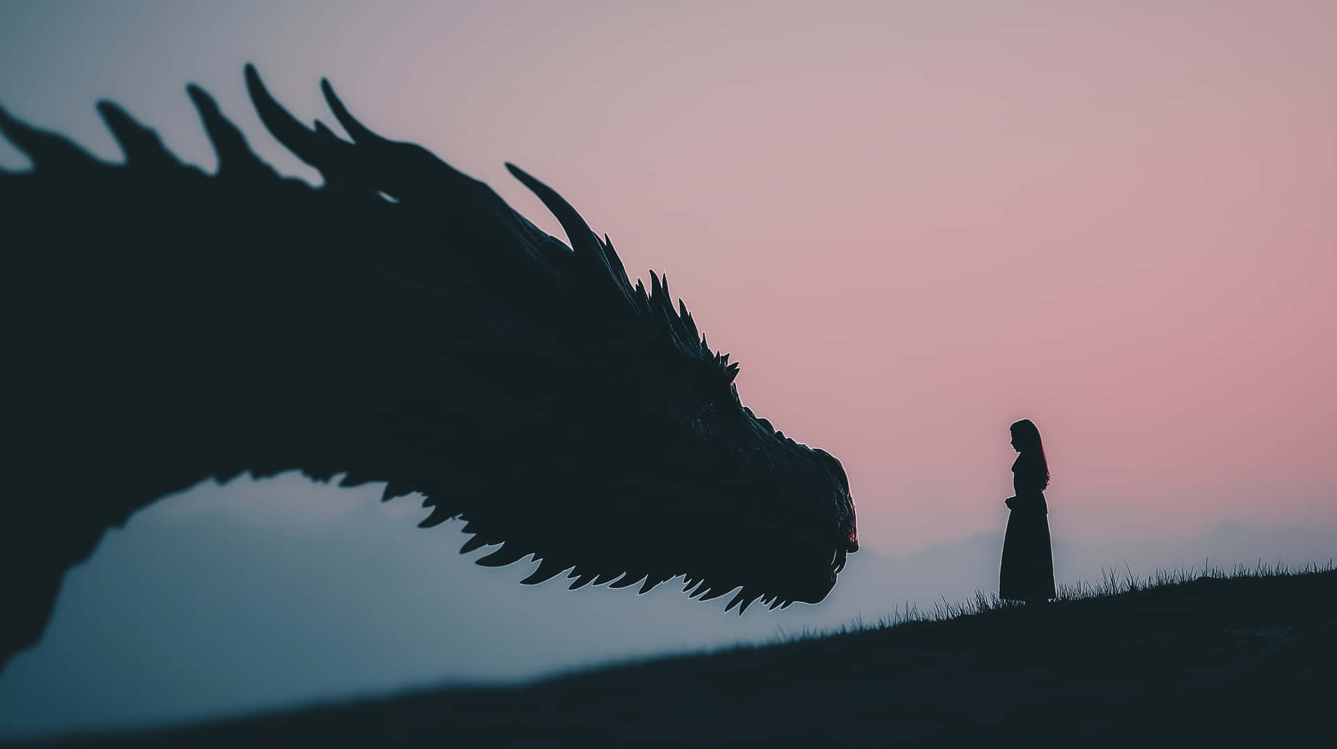 Dragon and Woman Silhouette Against Dusk Sky, Mythical Encounter 壁紙 — 一個孤獨的身影站在山丘上，面向巨大的龍剪影，背景是柔和粉紅和藍色的暮色天空。
