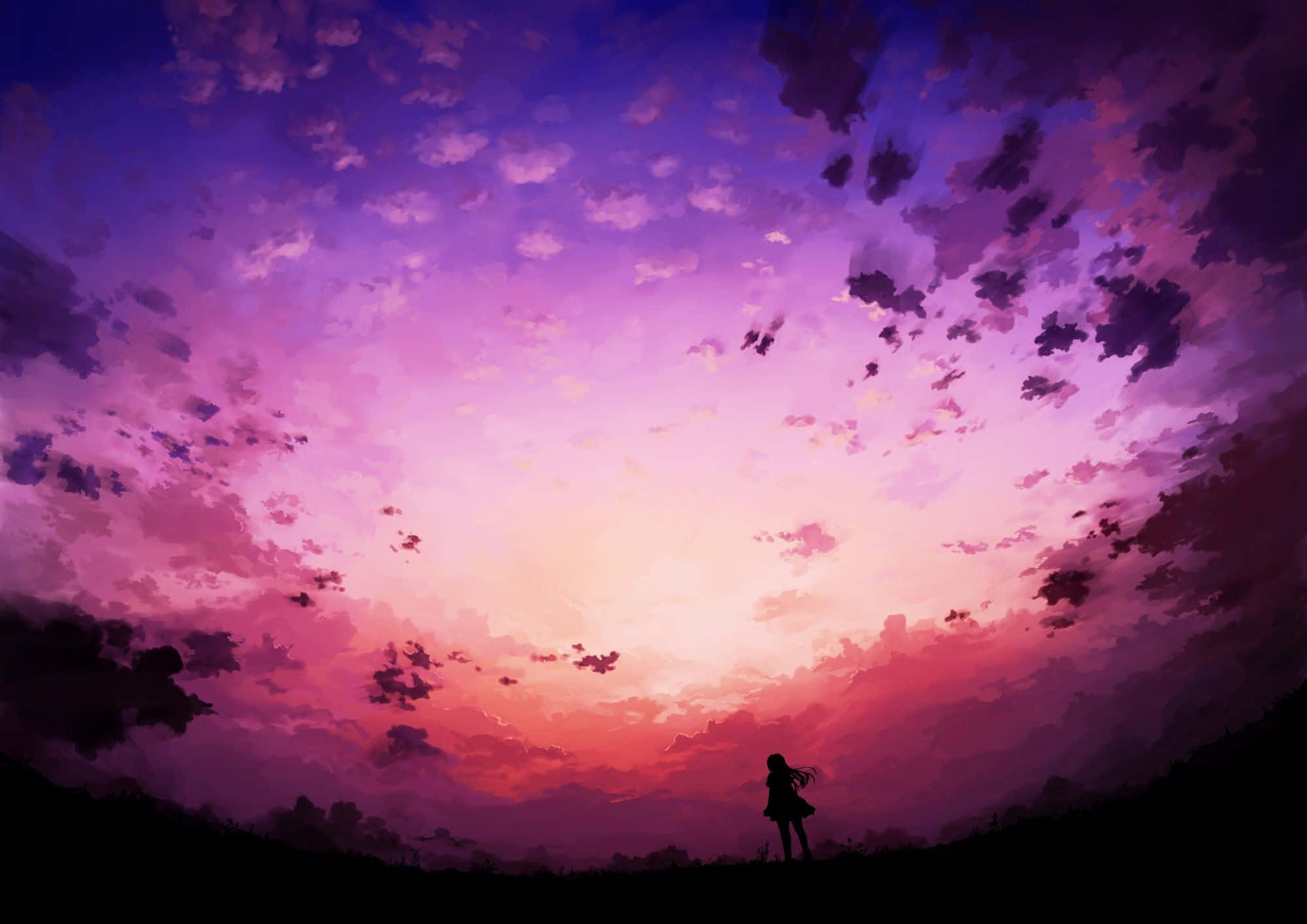 Pink Anime 桌布 壁紙 — 一個孤獨的身影站在山丘上，頭頂是廣闊夢幻的天空，在日落時分染上鮮豔的紫色、粉紅色和橙色。