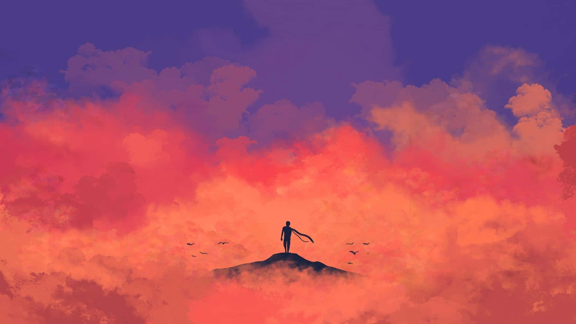 Silhouette 桌布 壁紙 — 一個孤獨的身影站在山頂上，剪影映襯著充滿橙色、粉紅色和紫色雲彩的鮮豔日落天空。