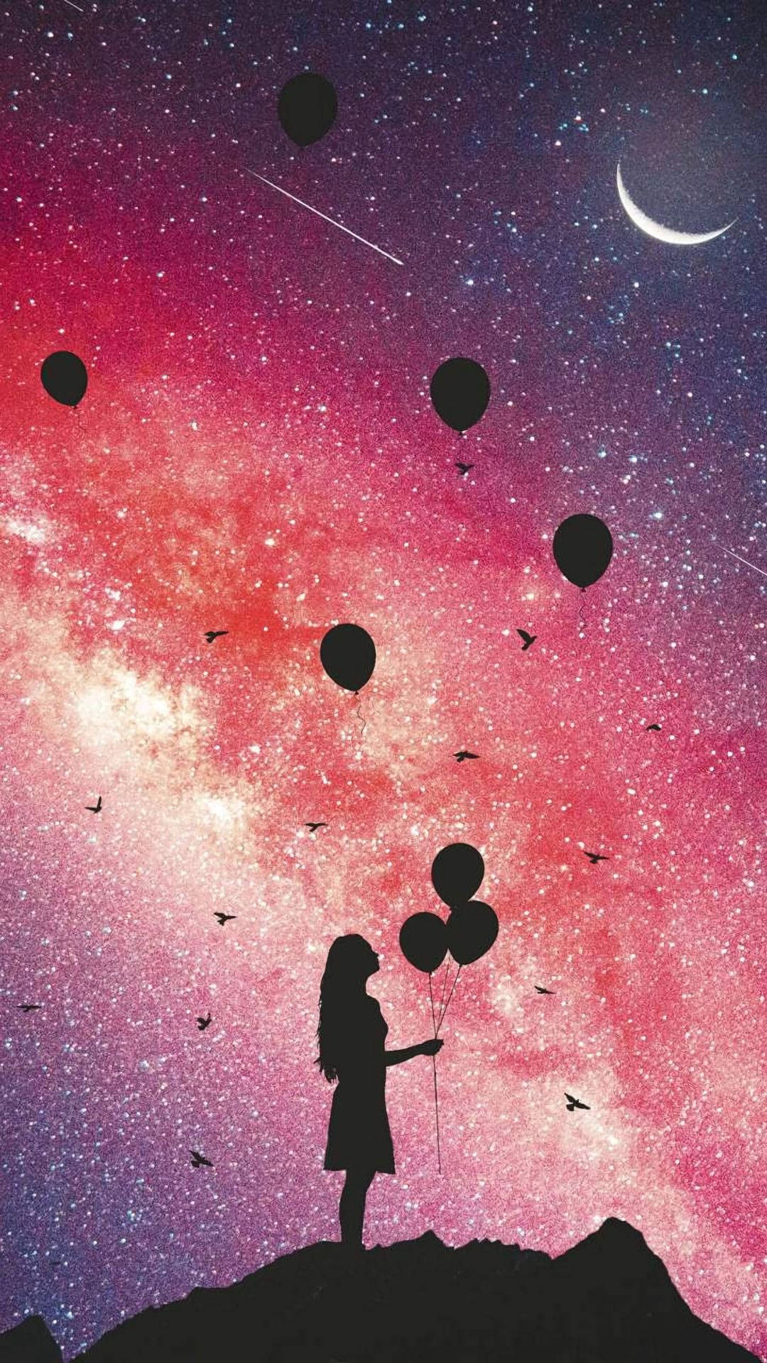 女孩在山頂上，在帶有新月的星空下釋放氣球 — 可愛的銀河動圖 壁紙