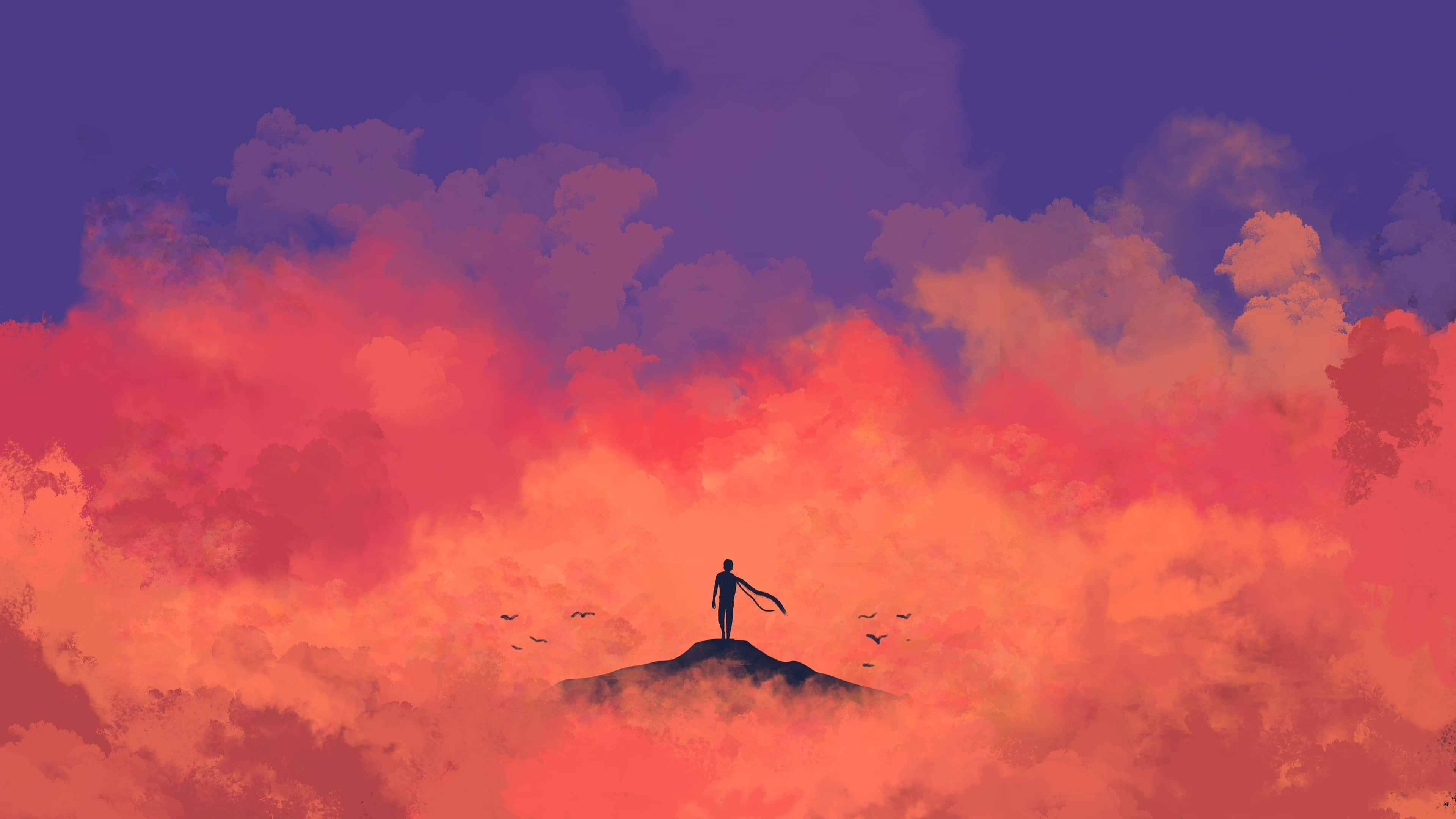 Silhouette 桌布 壁紙 — 一個孤獨的身影站在山頂上，背景是充滿橙色和紫色雲彩以及飛鳥的 vibrant 日落天空。