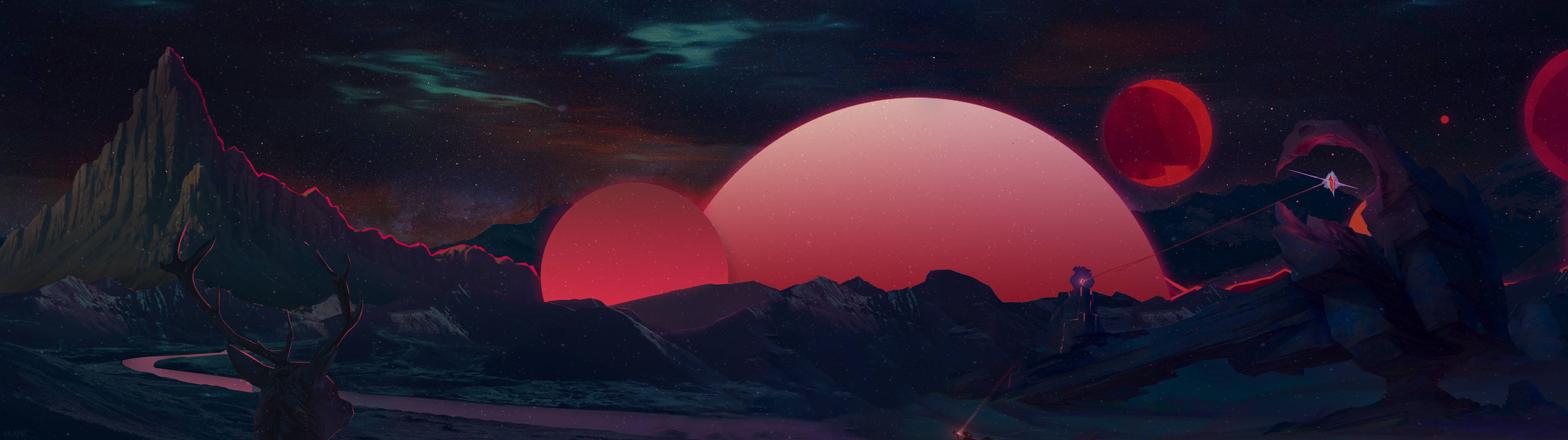 在三顆發光的紅色太陽下，外星世界上的孤獨探險家。 — 外星人 GIF 壁紙