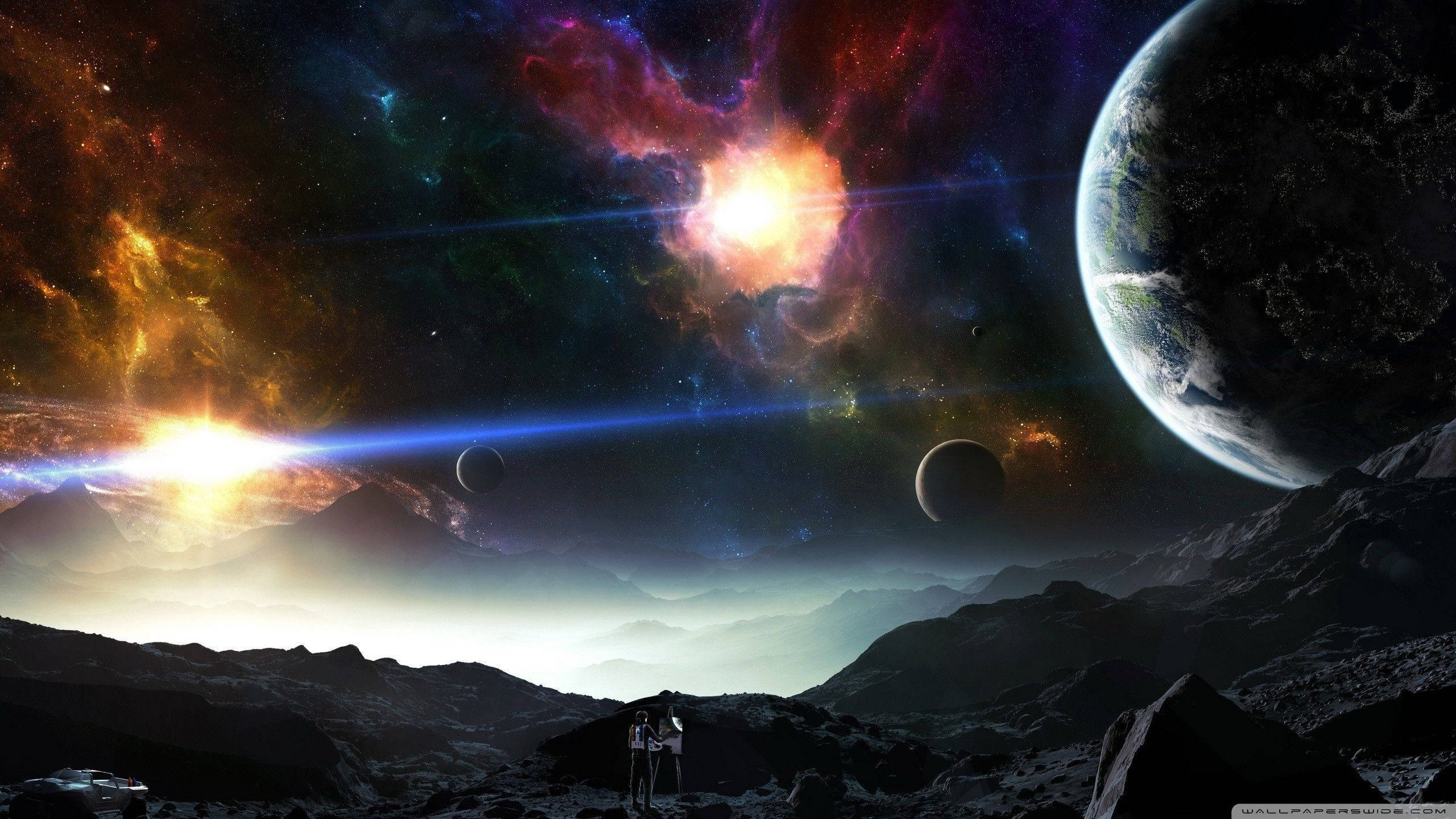 Sci 桌布 壁紙 — 一個孤獨的身影站在岩石外星行星上，凝視著宇宙天空中充滿活力的星雲和遙遠的地球。