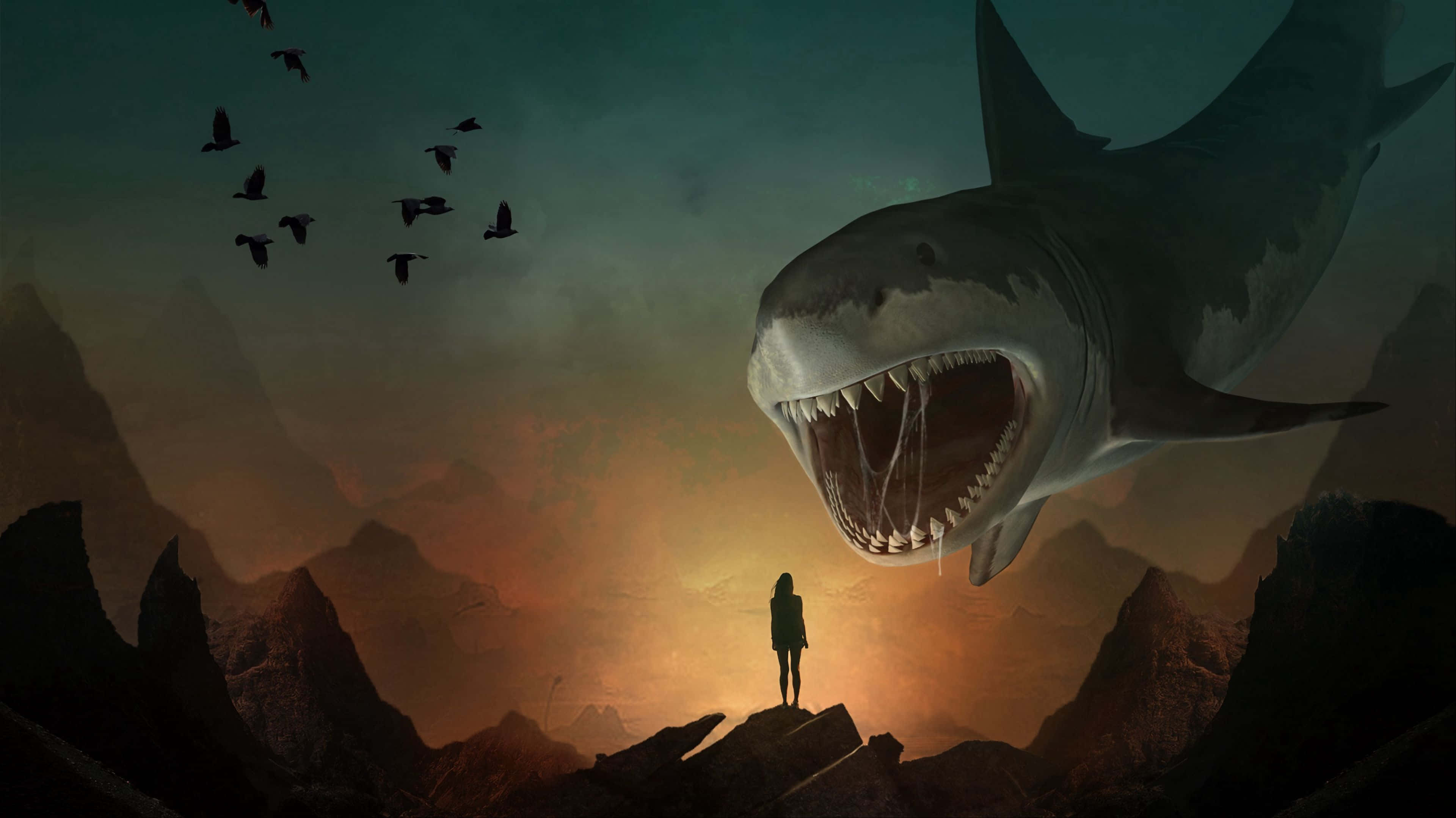 Megalodon 桌布 壁紙 — 一個孤獨的身影站在岩石山峰上，面對著一隻張開血盆大口的巨鯊，漂浮在黃昏的山巒景觀之上。