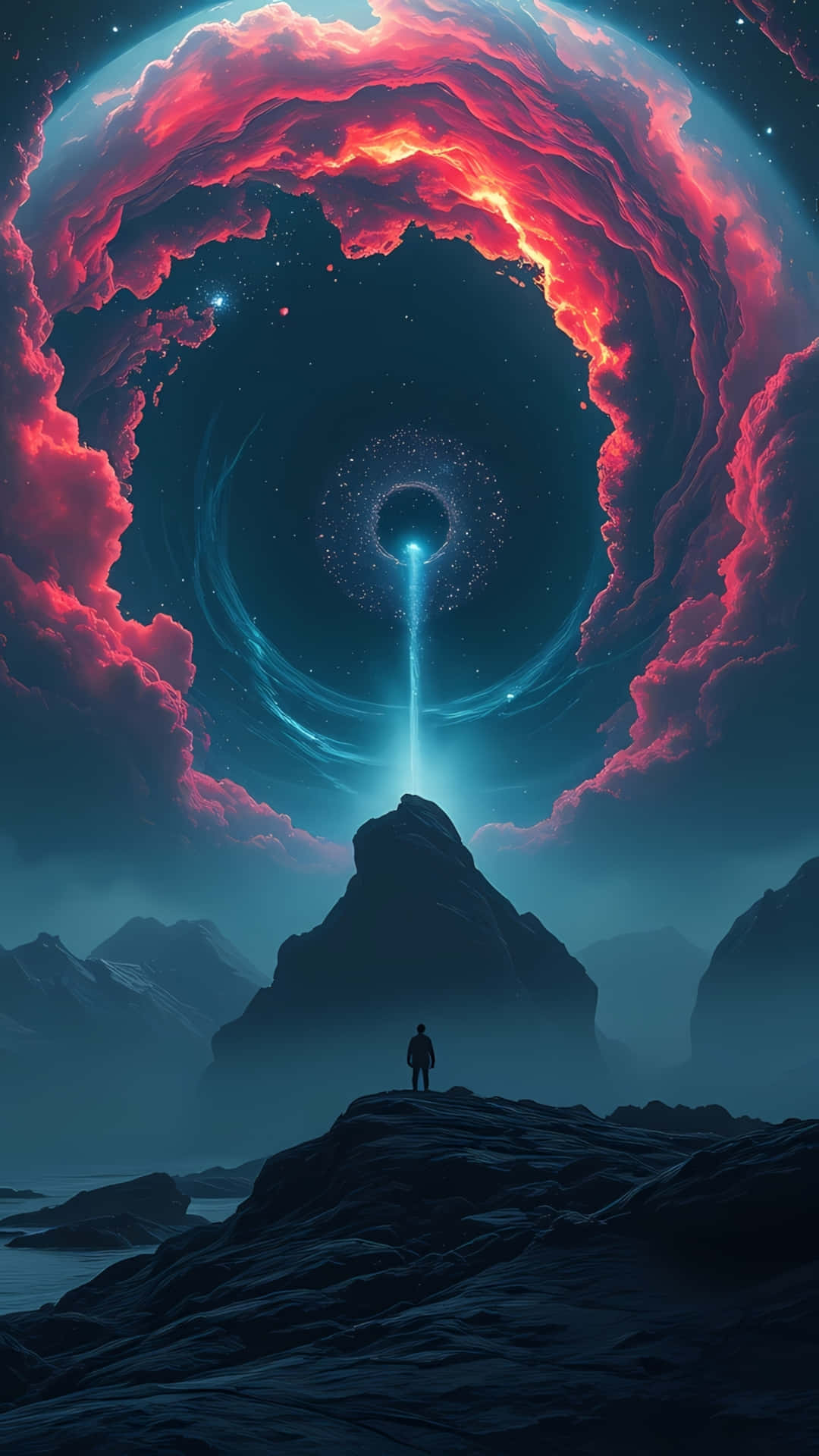 一個人站在山頂上，仰望天空中發光的宇宙傳送門。 — 山脈 壁紙