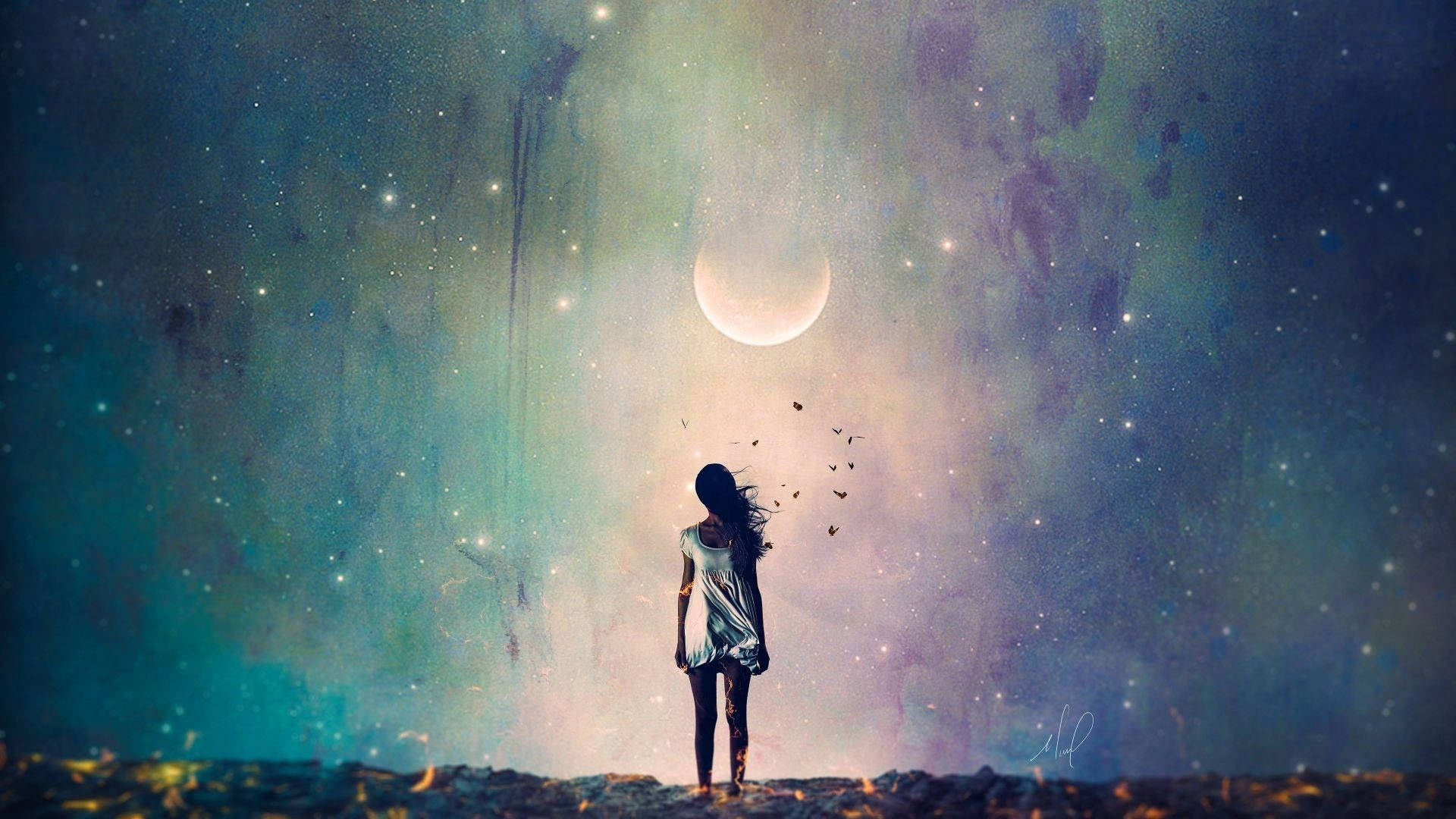 Sad Girl 桌布 壁紙 — 一個孤獨的身影站在岩石海岸上，新月和星空下，鳥兒從他們的肩膀上飛散。