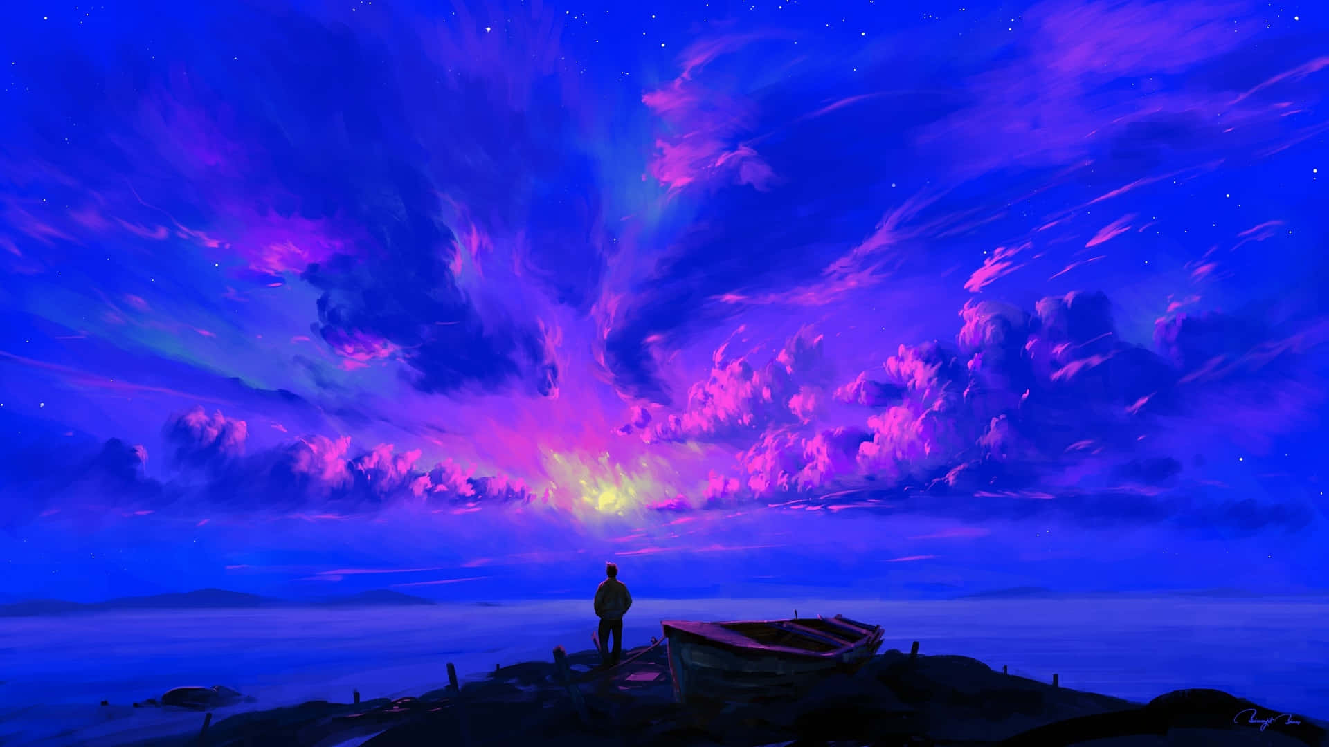 Clouds Aesthetics 桌布 壁紙 — 一個孤獨的身影站在岩石海岸上，旁邊有一艘船，天空充滿了鮮豔的紫色和藍色極光。