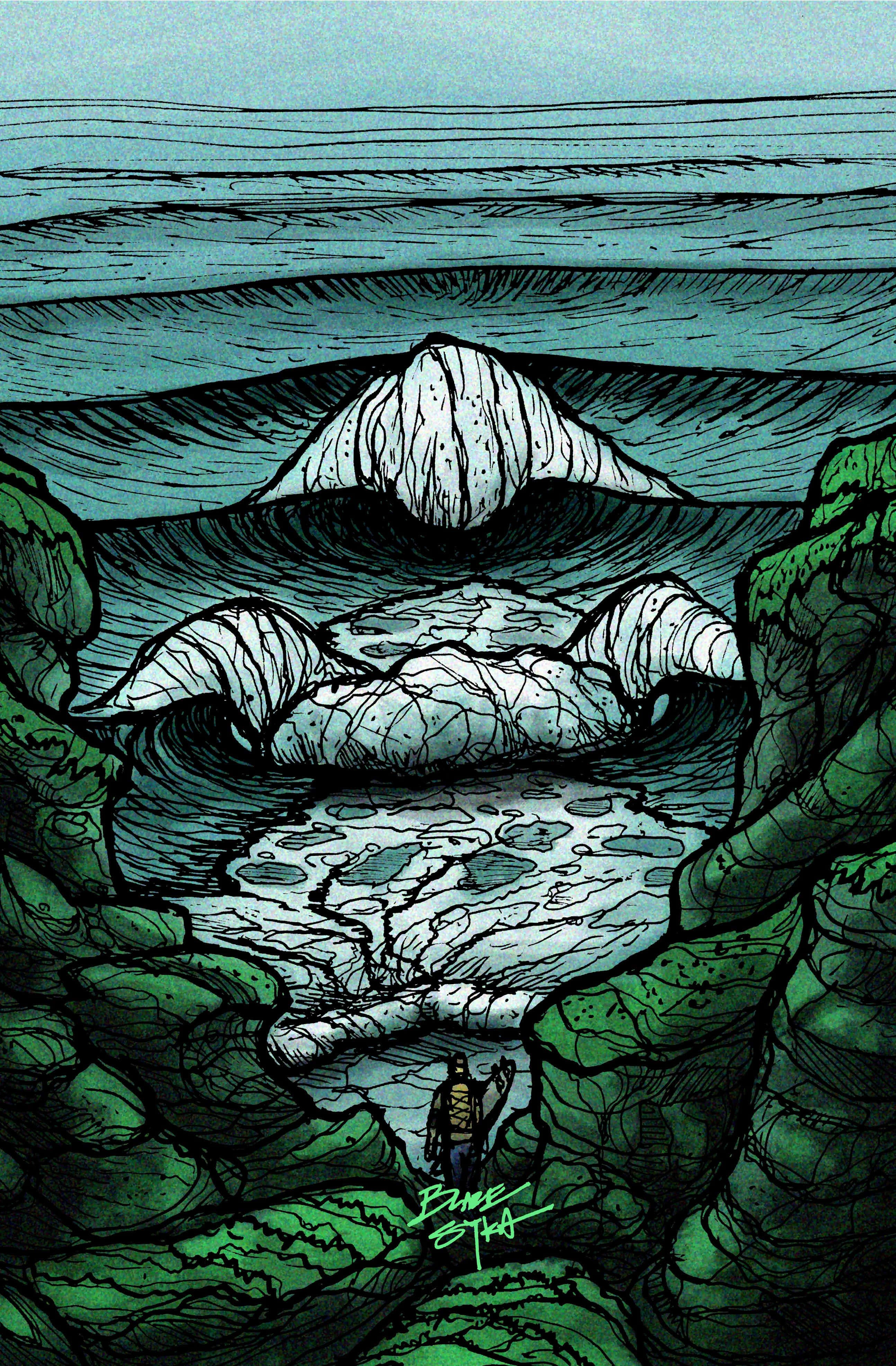 Illustration 桌布 壁紙 — 一個孤獨的身影站在岩石海灣的邊緣，凝視著青綠色天空下遠處的山峰。