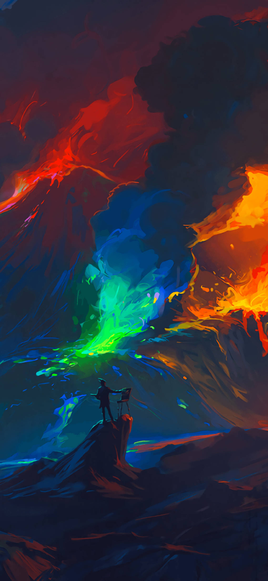 iPhone 桌布 壁紙 — 一個孤獨的身影站在岩石露頭上，描繪著在暴風雨天空下噴發的熔岩和發光的翠綠色薄霧的充滿活力的場景。