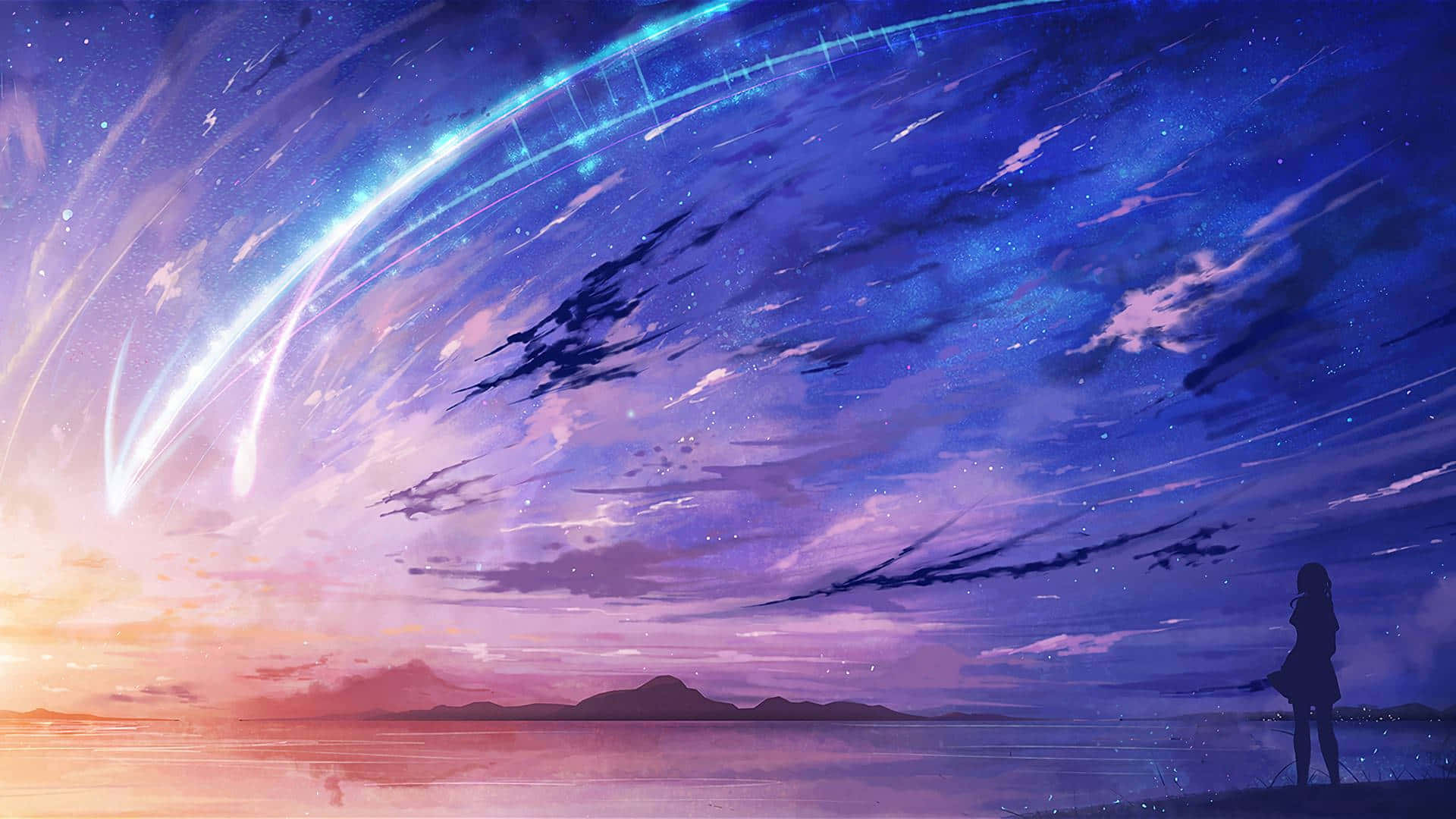 Beautiful Anime Scenery 桌布 壁紙 — 一個孤獨的身影站在岸邊，凝視著充滿活力、帶有發光宇宙痕跡和星雲的暮色天空。