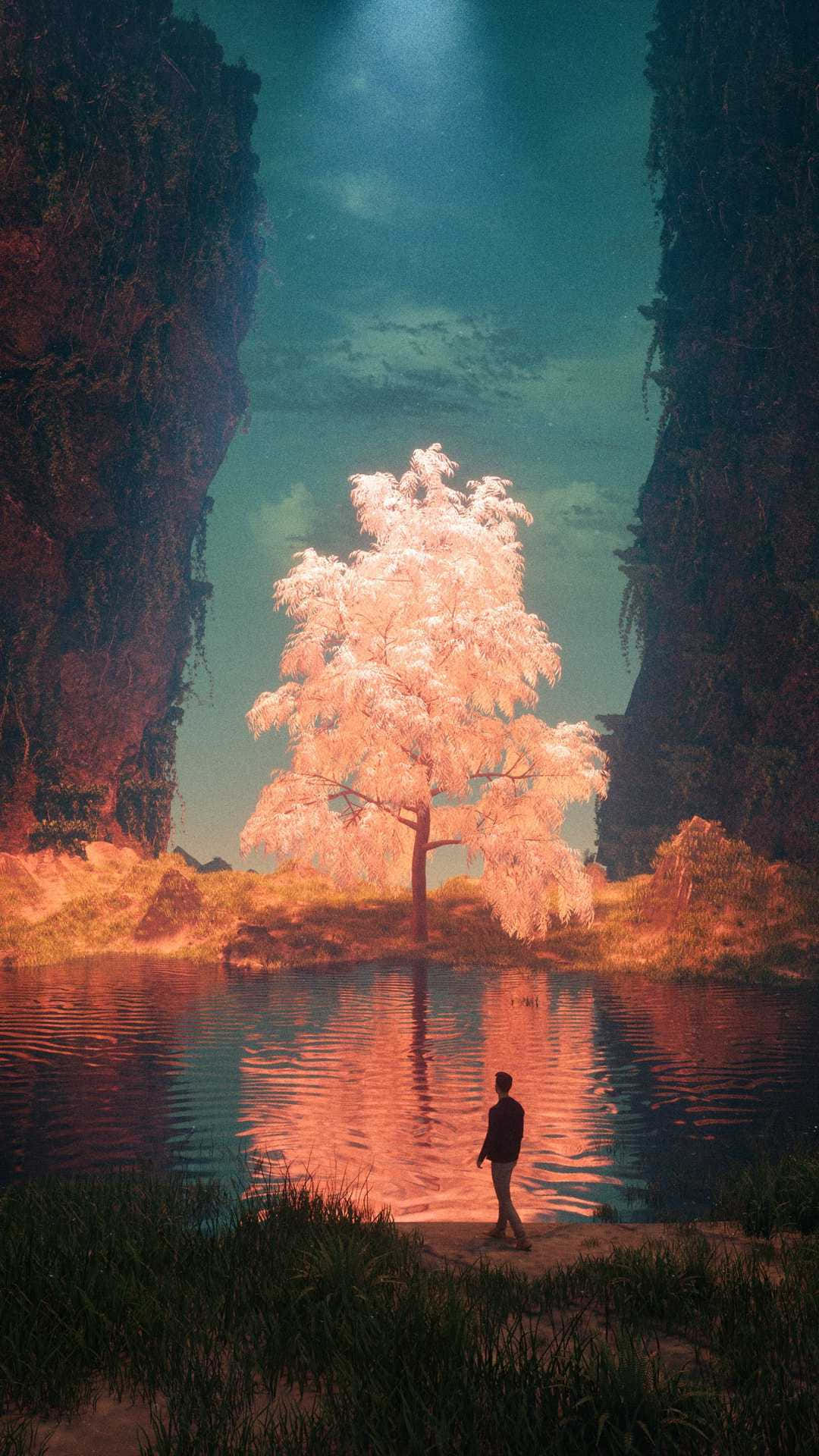手機 桌布 壁紙 — 一個孤獨的身影站在峽谷湖中一棵發光的粉紅色樹旁，上方有一束天堂之光。