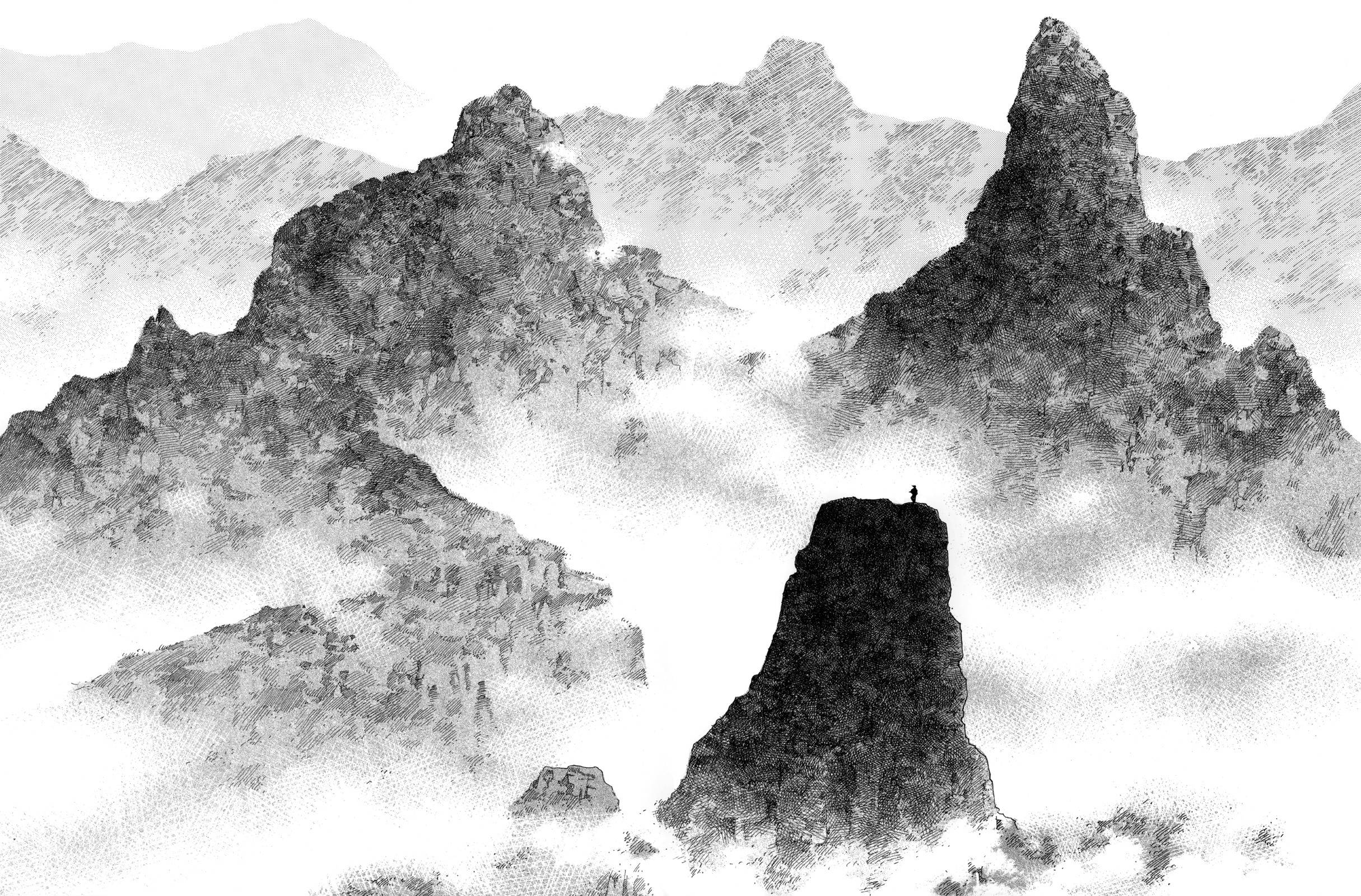 Vagabond 桌布 壁紙 — 一個孤獨的身影站在崎嶇的山峰頂上，俯瞰著霧氣瀰漫的山谷，遠處是高聳的山峰。