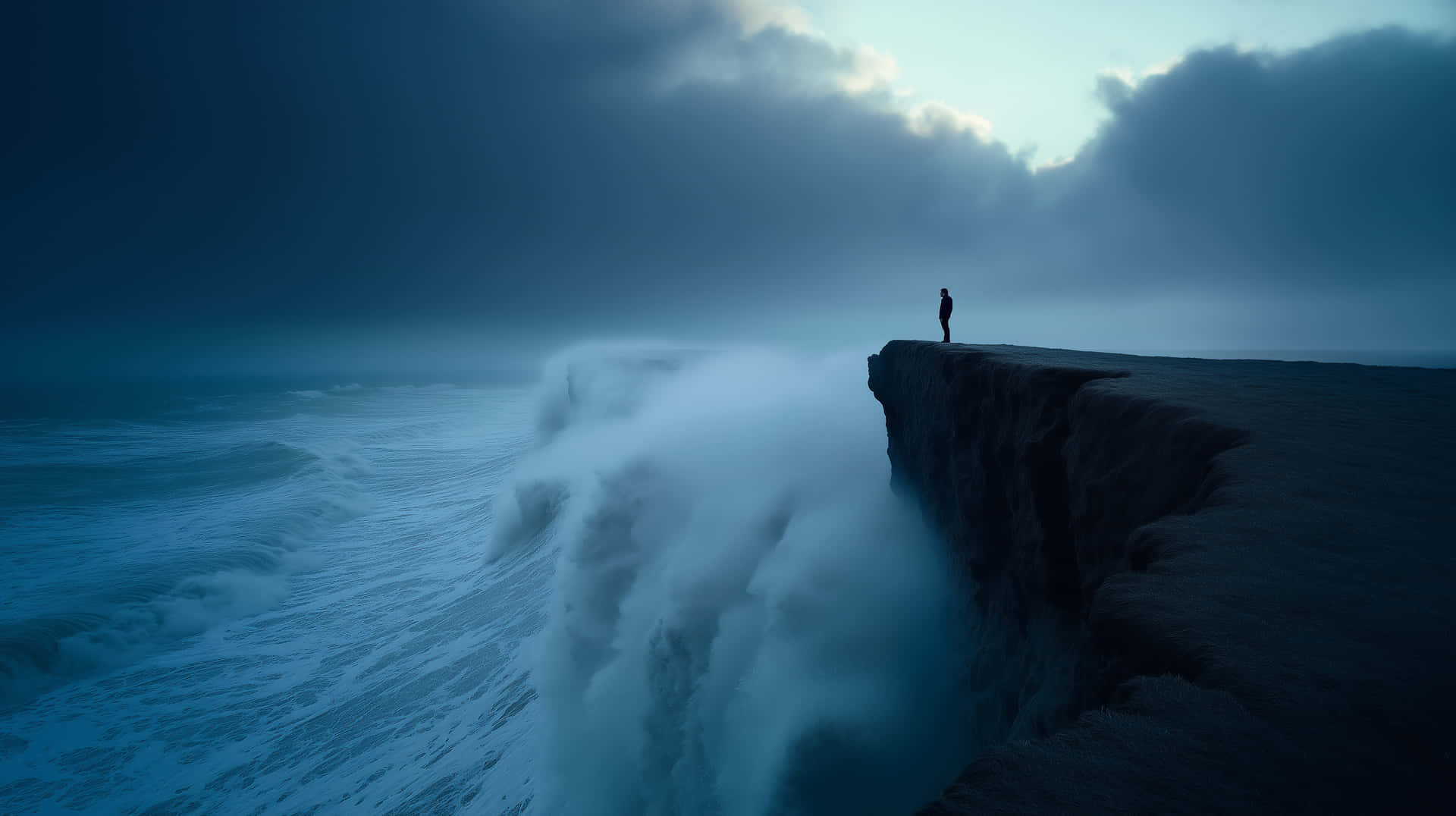 Figure on Cliff Overlooking Massive Waves in Stormy Ocean 壁紙 — 一個孤獨的身影站在崎嶇的懸崖邊緣，巨大的海浪在下方陰沉的暮色天空下拍打。