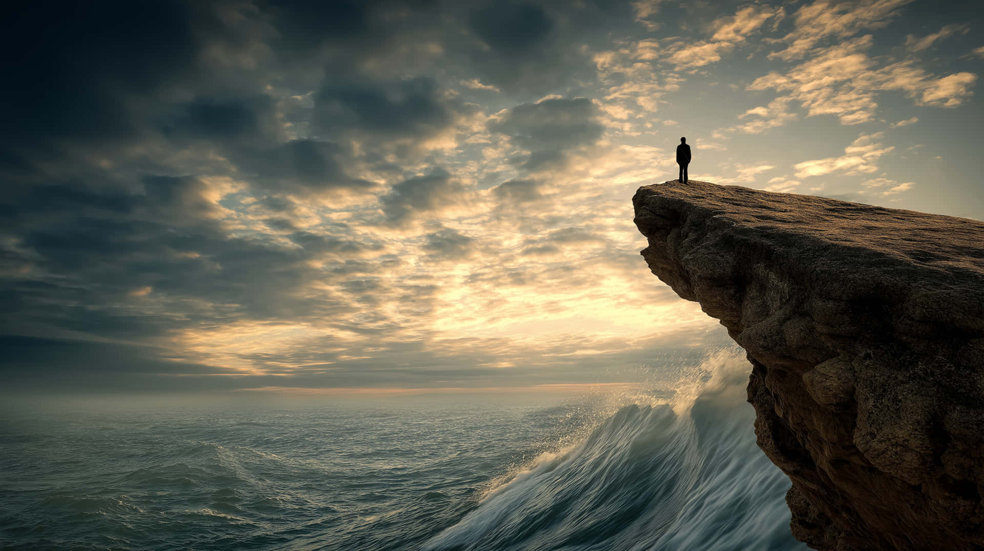 Figure on Cliff Overlooking Massive Waves in Stormy Ocean 壁紙 — 一個孤獨的身影站在崎嶇的懸崖頂上，在戲劇性的金色和灰色天空下，巨大的海浪在下方破碎。