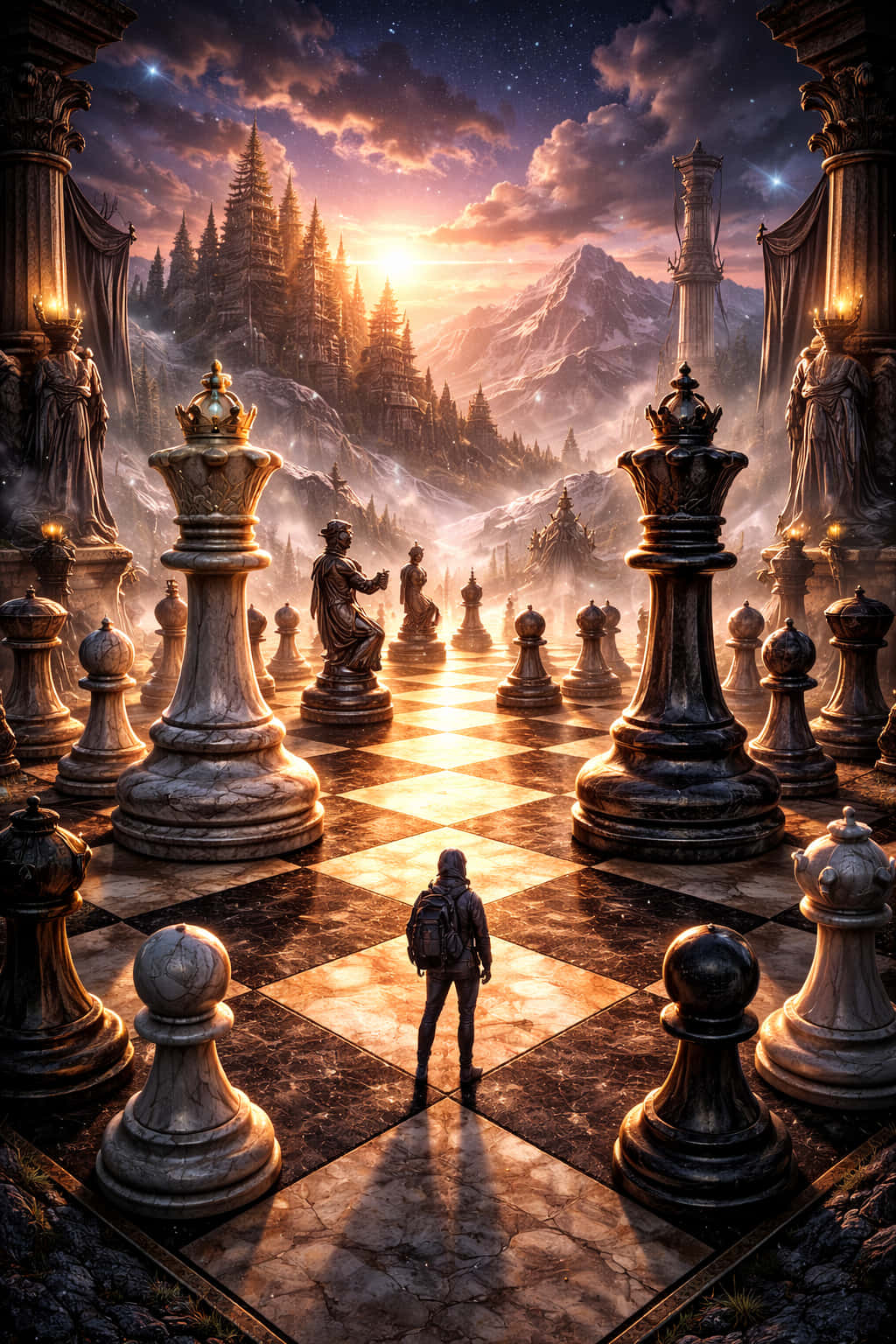 山景 桌布 壁紙 — 一個孤獨的身影站在巨大的大理石棋盤上，下方是星光燦爛的暮色天空，遠方有山脈和古老雕像。