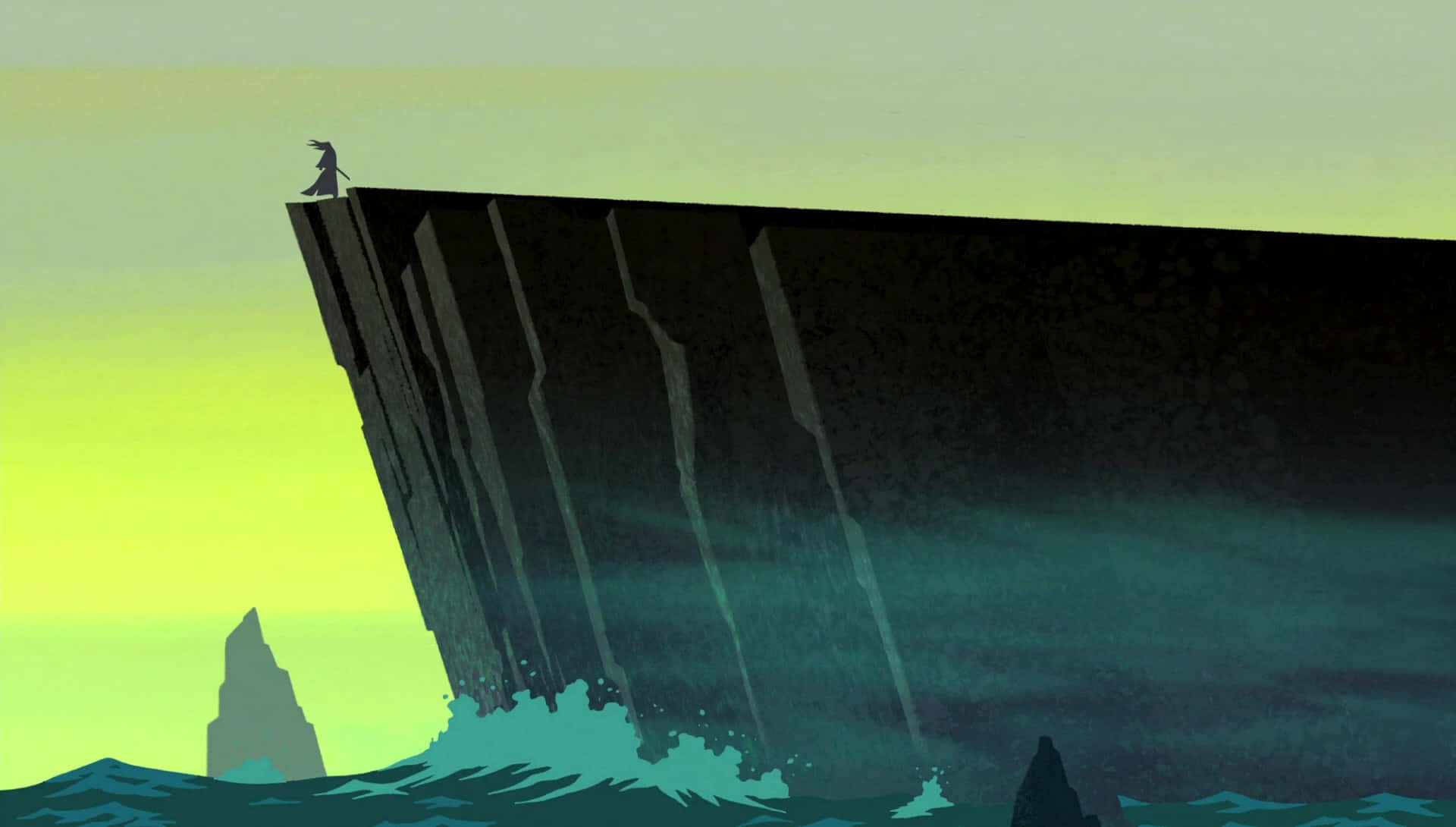 samurai jack 桌布 壁紙 — 一個孤獨的身影站在巨大的懸崖邊緣，俯瞰著在漸變黃色天空下翻騰的青綠色海浪。