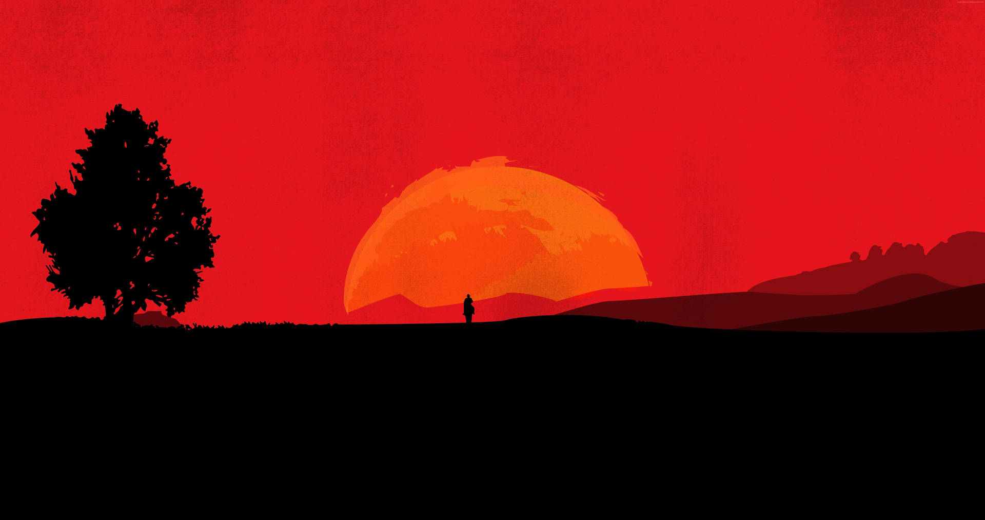 一個人站在巨大的夕陽前，有樹和山丘，襯托著紅色的天空的剪影。 — 紅黑動圖 壁紙