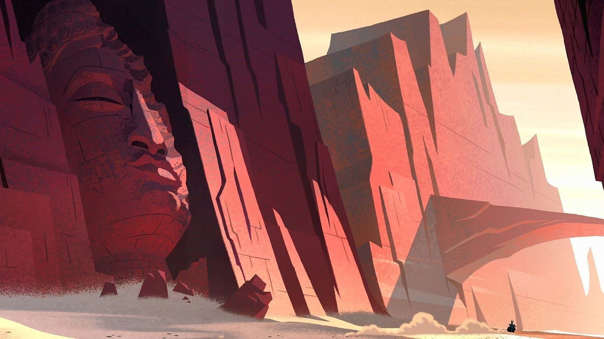samurai jack 桌布 壁紙 — 一個孤獨的身影站在巨大的紅色石頭廢墟前，背景是溫暖的日落天空。