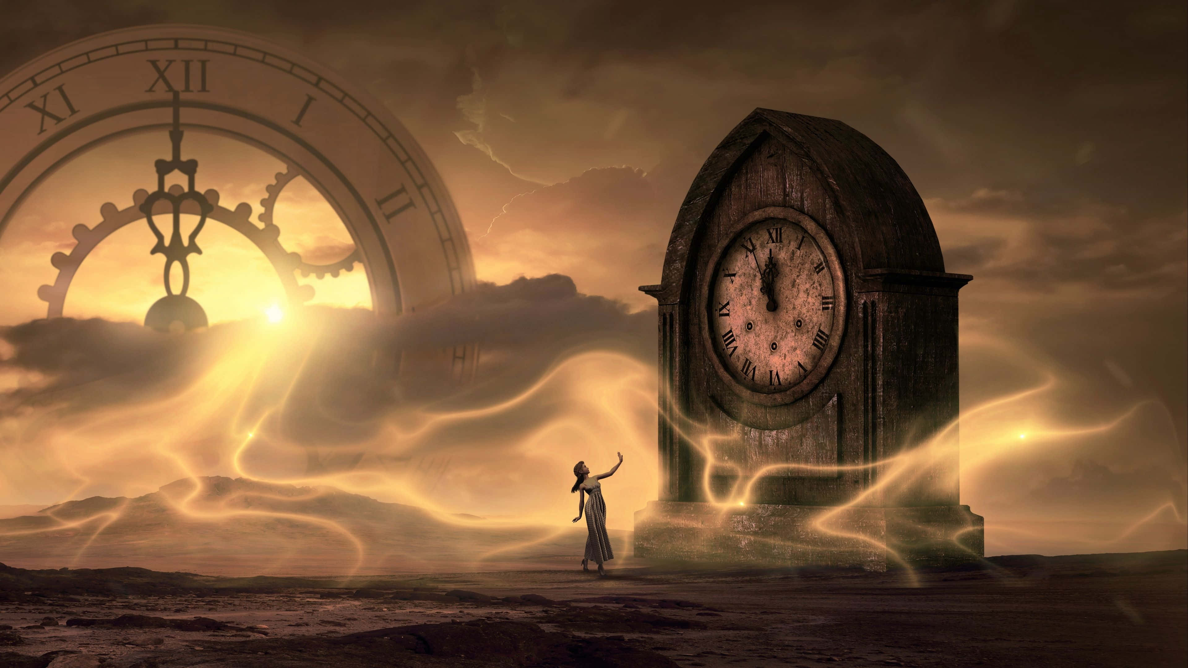 Time 桌布 壁紙 — 一個孤獨的身影站在巨大的鐘樓前，金色能量流過超現實的天空，巨大的鐘面和太陽光芒四射。