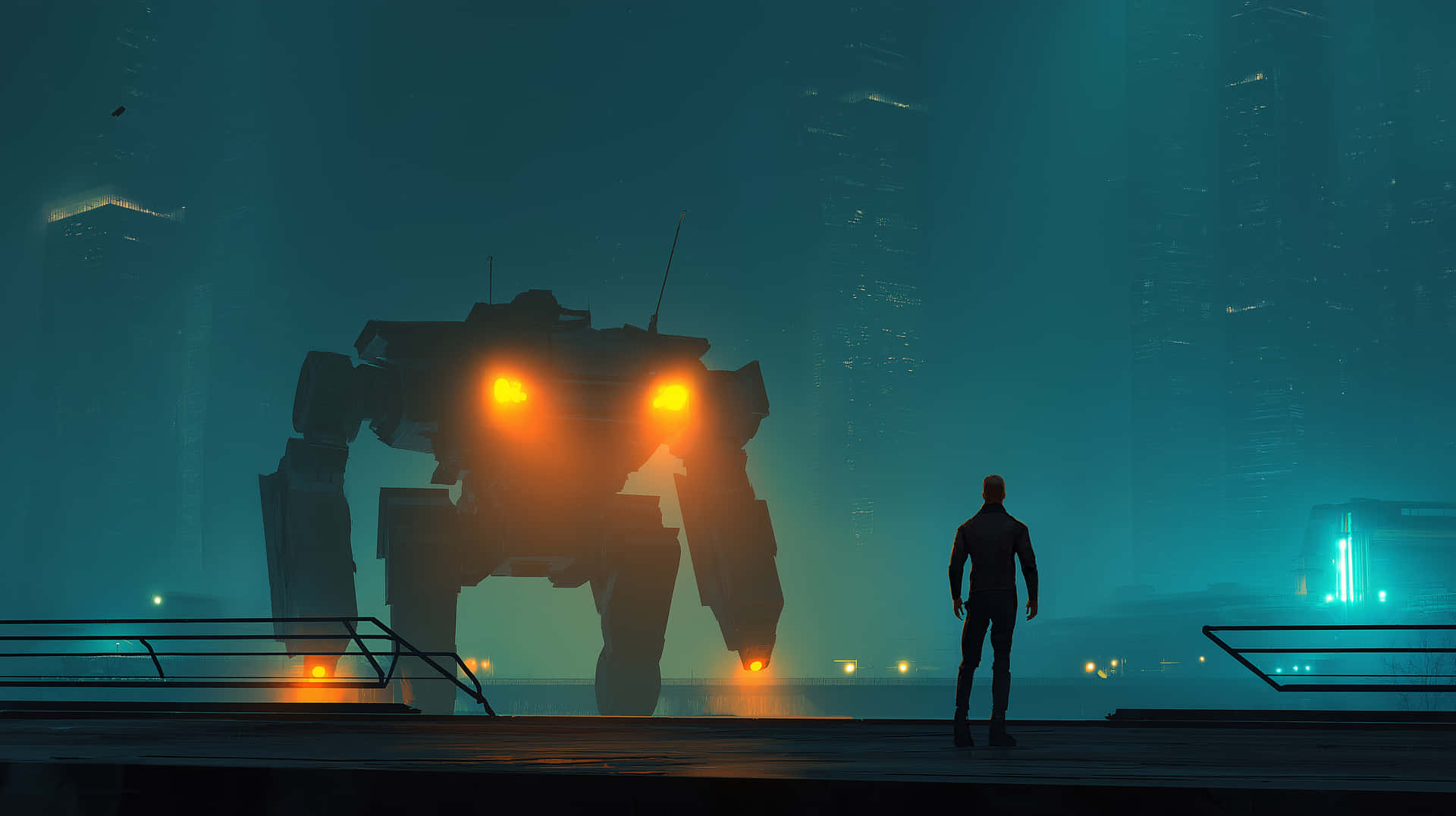Figure Encountering Giant Mech in Cyberpunk Cityscape 壁紙 — 一個孤獨的身影站在平台上，面對著一個巨大的、發著橙色光芒眼睛的機甲，背景是霧氣瀰漫的藍綠色未來城市景觀。