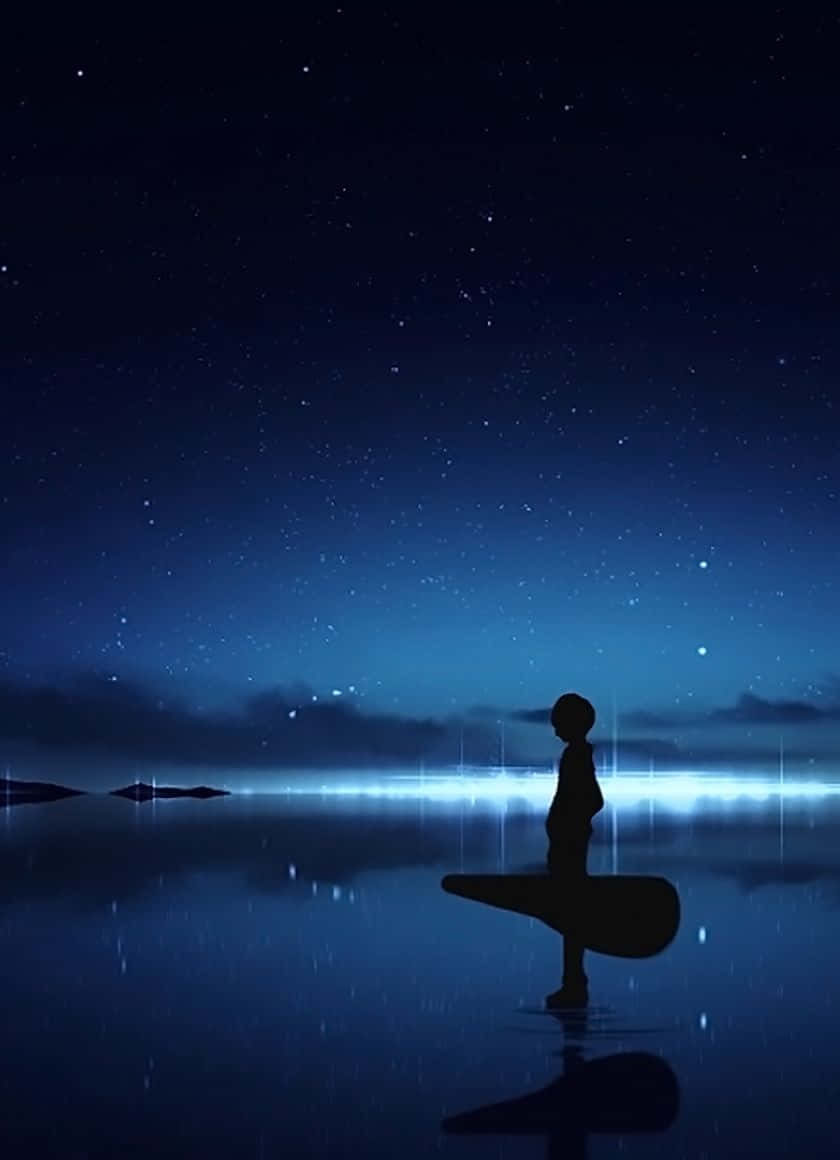 一個人在星空夜空下，在水面上拿著吉他的剪影。 — 吉他英雄 壁紙
