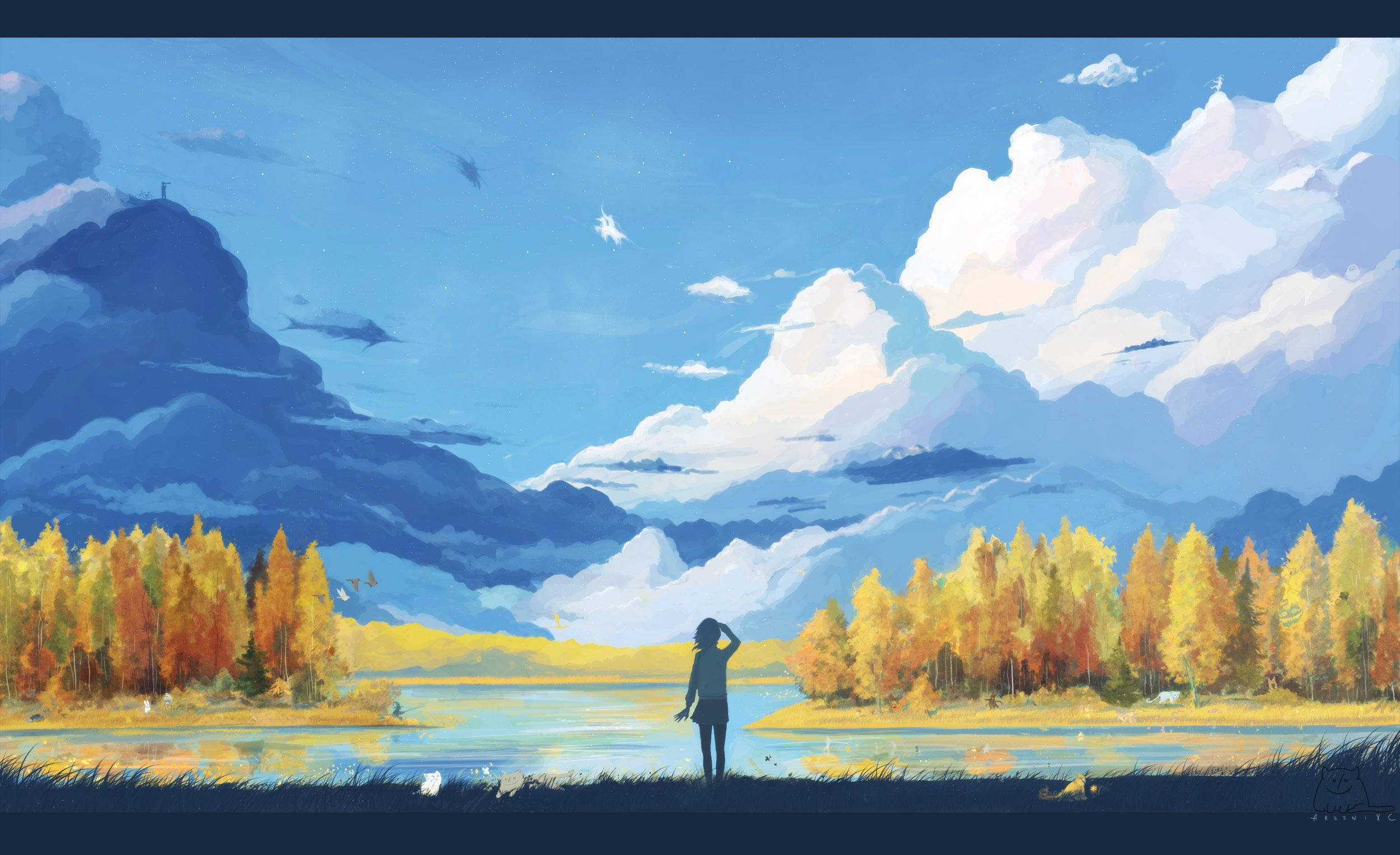 動畫風景 桌布 壁紙 — 一個孤獨的身影站在平靜的湖邊，周圍是秋樹和聳立的藍色山脈，天空明亮。